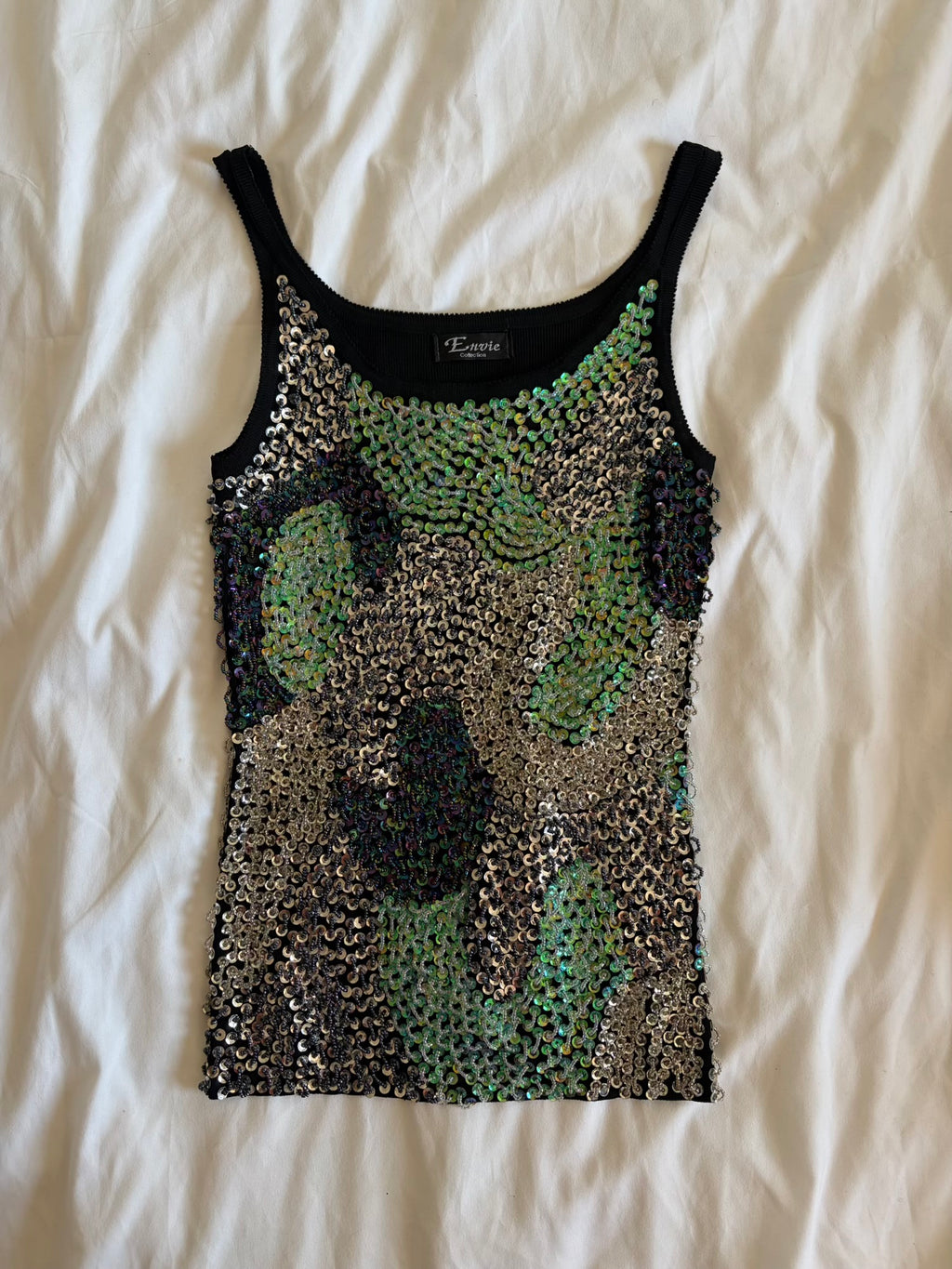 Vintage Y2K heavily embellished tank with contrast seafoam green sequin and beads