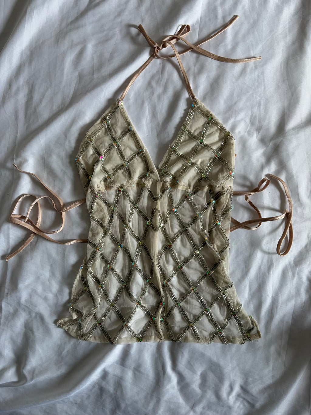 Handmade Backless Cream Cami with Beads and Iridescent Sequins