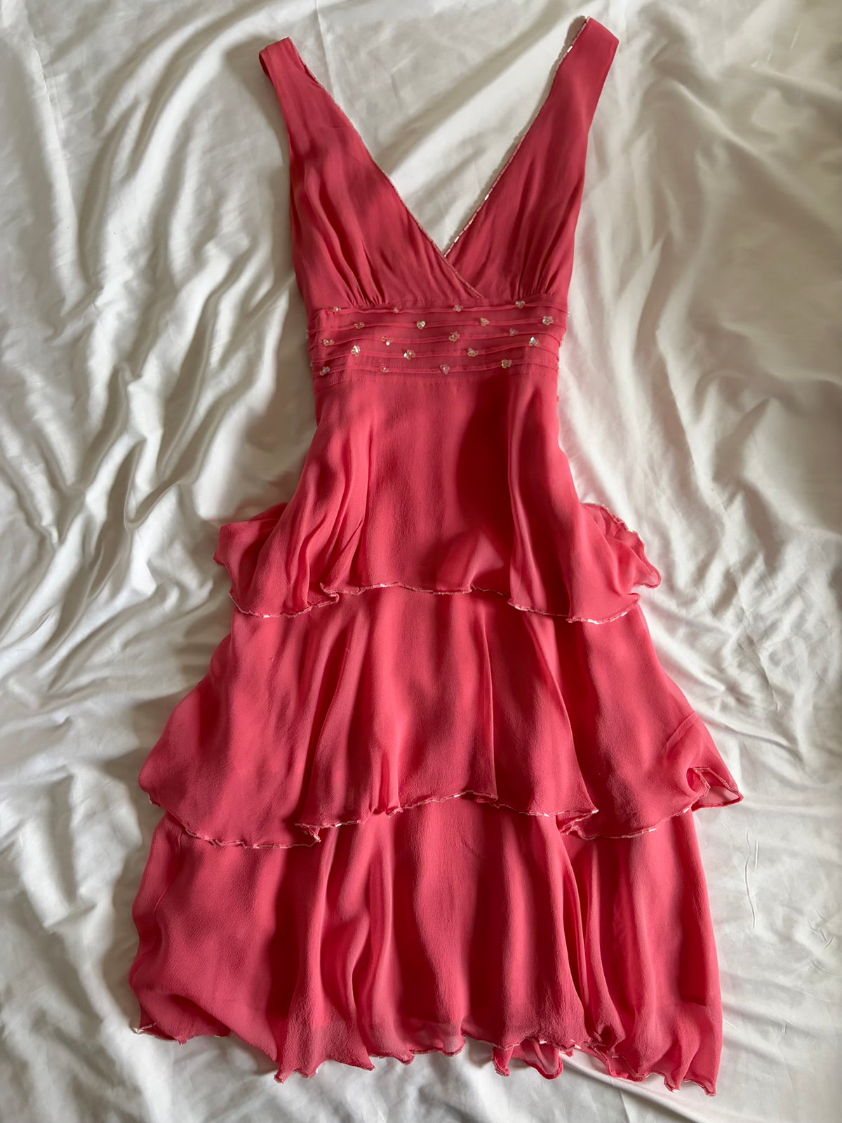 Vintage 2000s Silk Coral Ruffle Midi Dress with Beads and Sequins