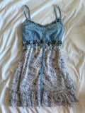 Vintage Y2K blue floral babydoll mini dress with embellishment and ruffle hem