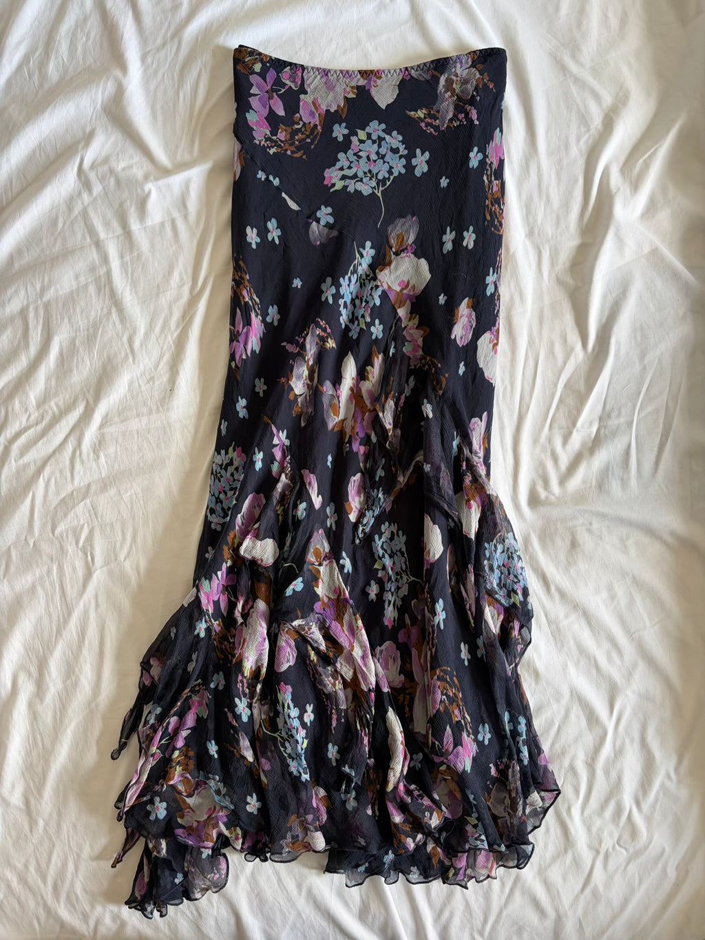 Vintage 1990s Silk Black Floral Fairy Floaty Hem Maxi Skirt Bias Cut