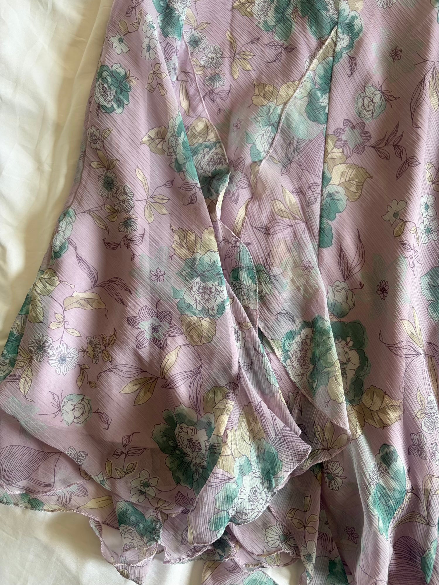 Vintage Y2K Pastel Lilac Floral Maxi Skirt with Fairy Hem