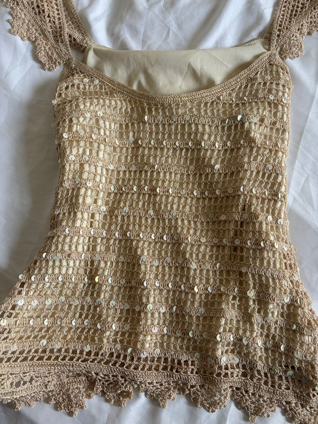Vintage Y2K Champagne Crochet Top with Sequins and Romantic Sleeves