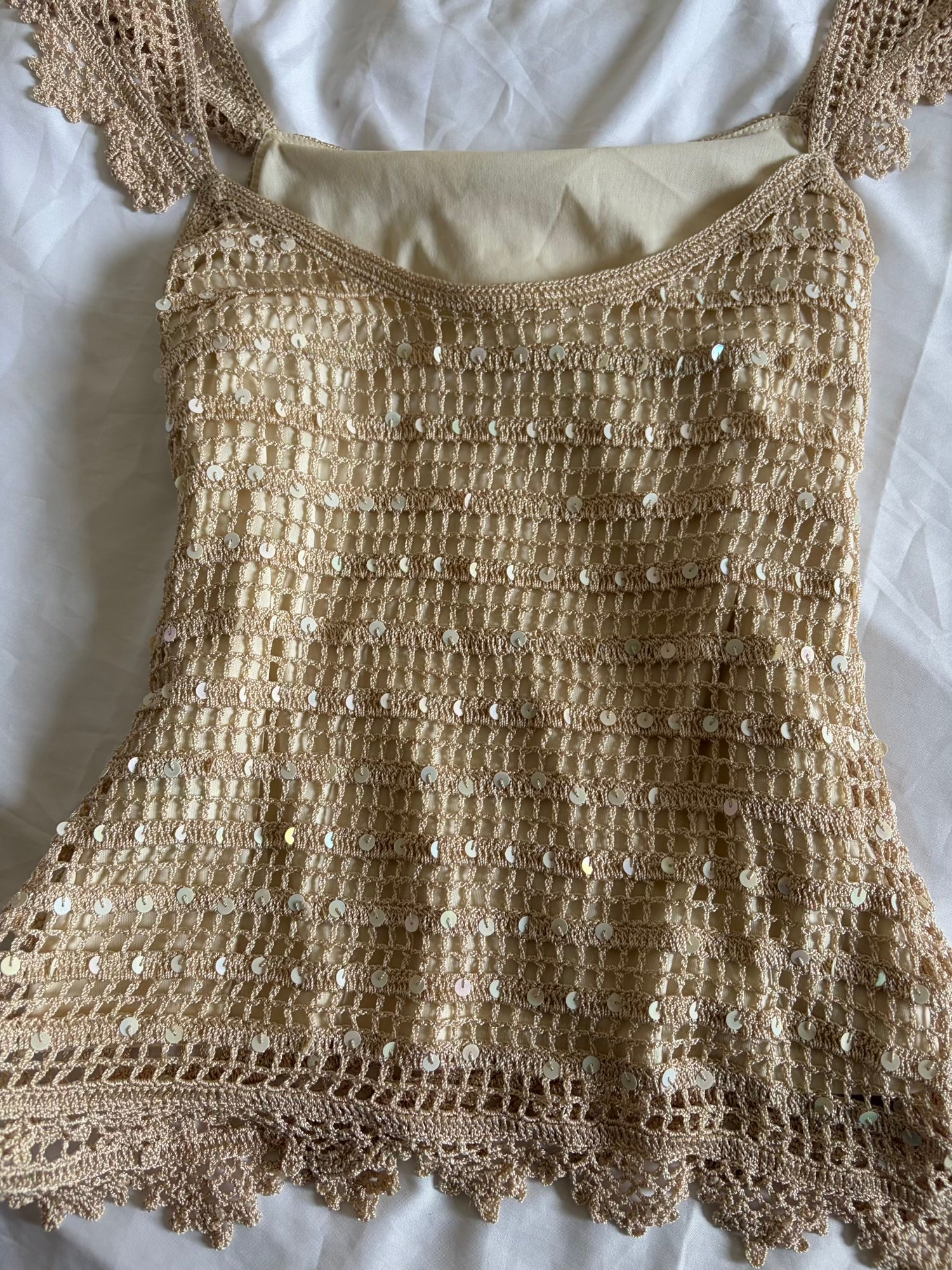 Vintage Y2K Champagne Crochet Top with Sequins and Romantic Sleeves