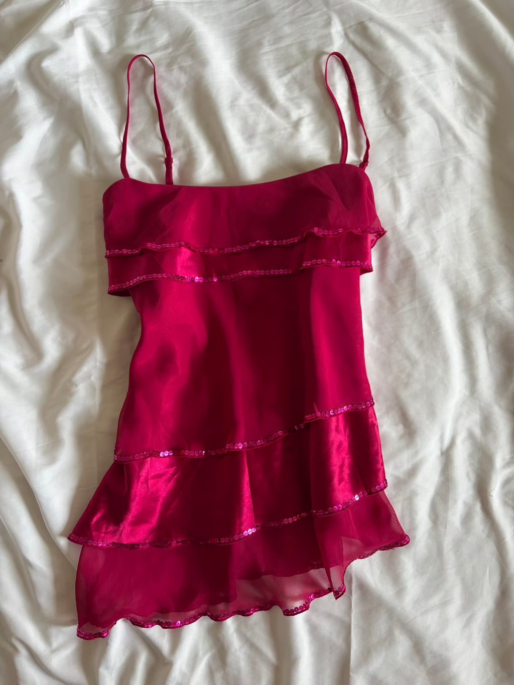 Vintage Y2K hot pink asymmetrical hem ruffle cami with sequin detail
