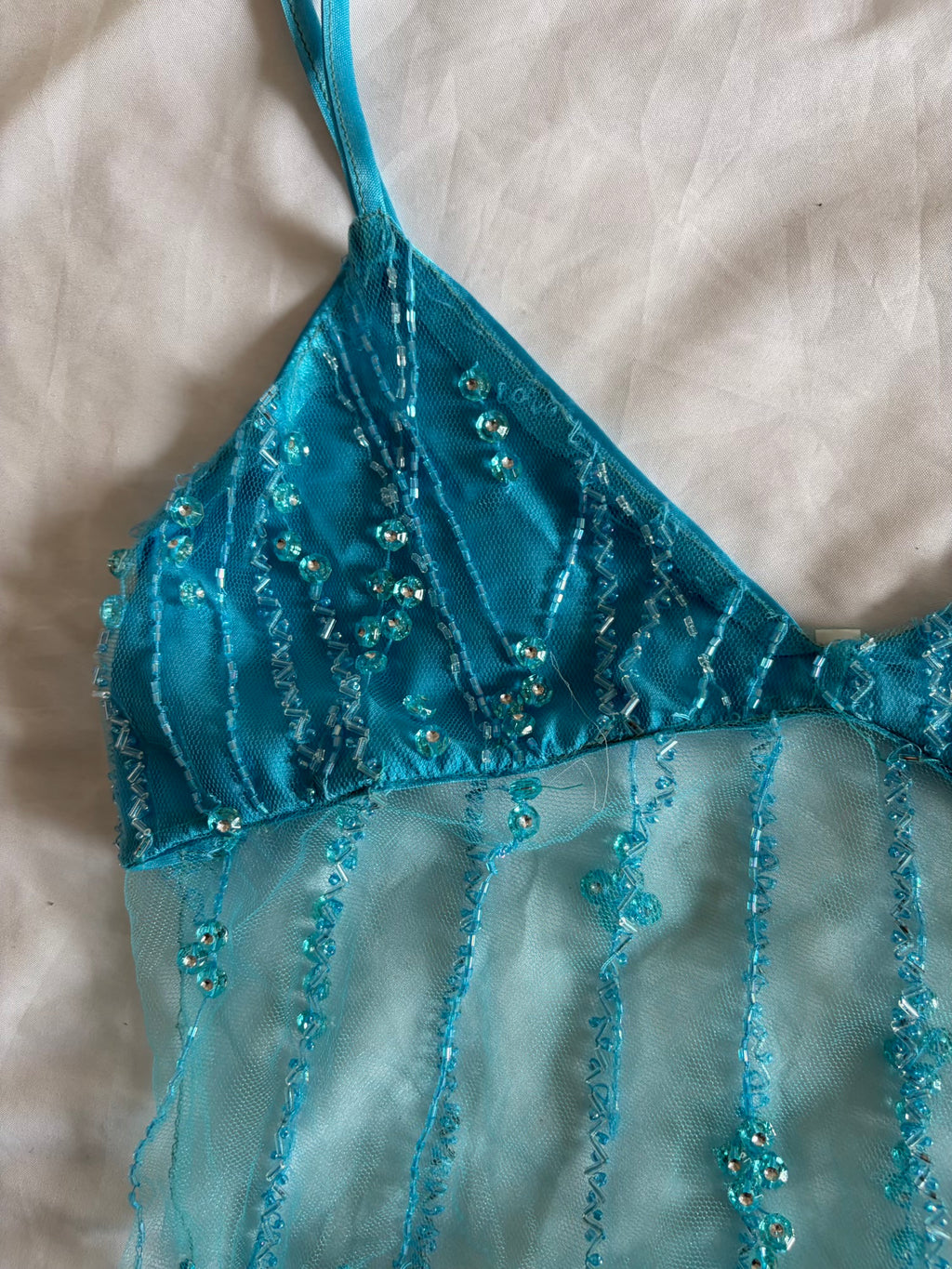 Handmade Handkerchief Hem Turquoise Cami with Beads and Sequins