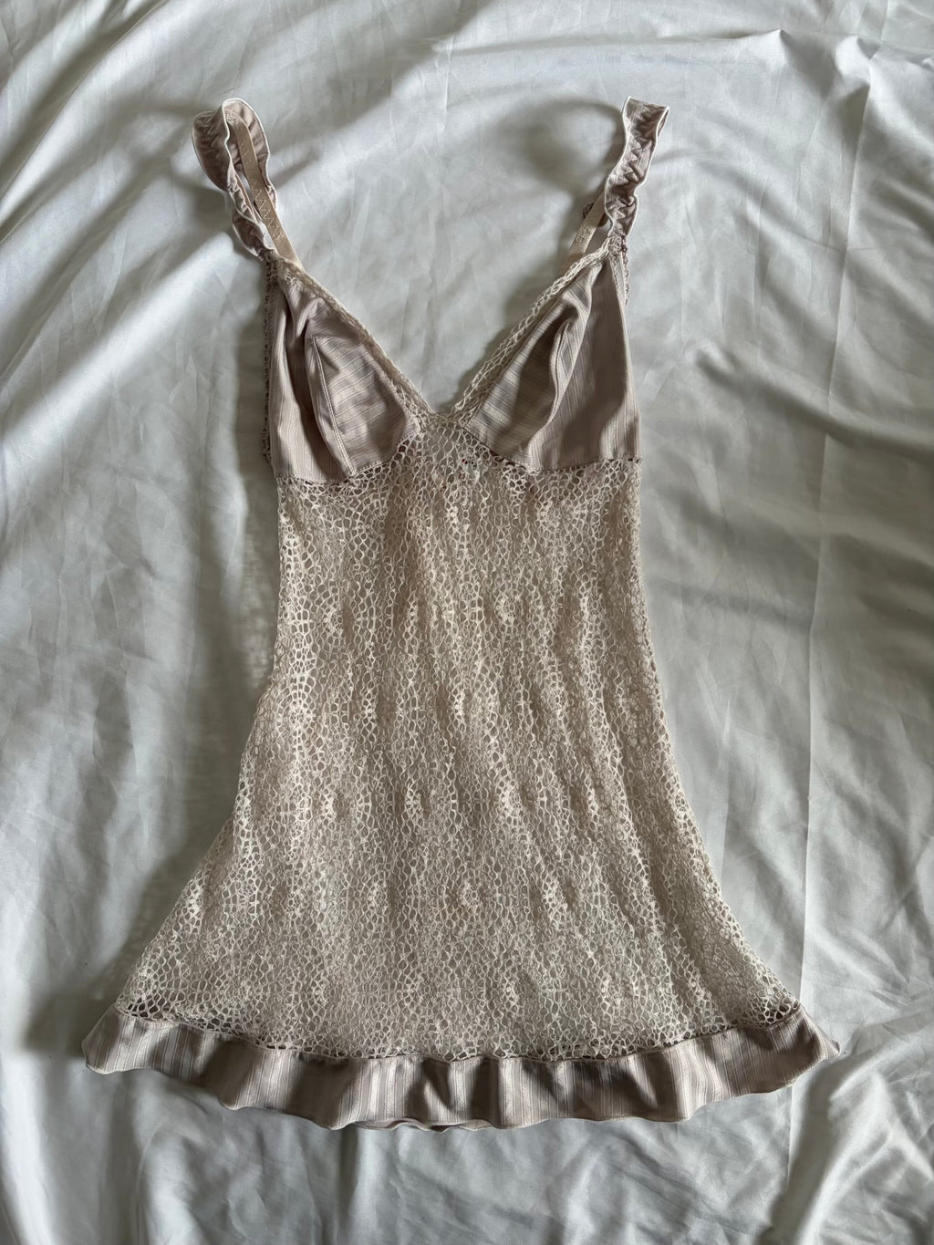 Vintage 1990s Crochet Mesh Babydoll Mini with Pinstripe Detail