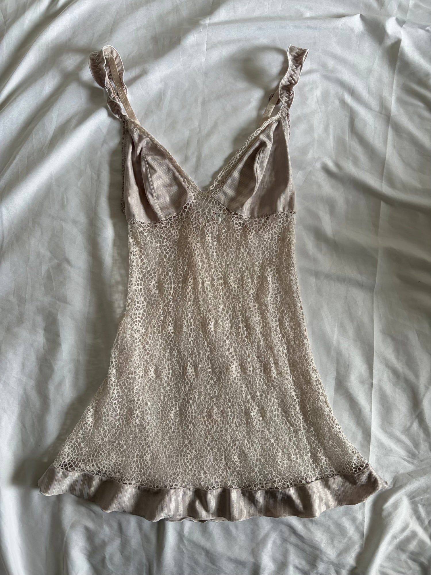 Vintage 1990s Crochet Mesh Babydoll Mini with Pinstripe Detail