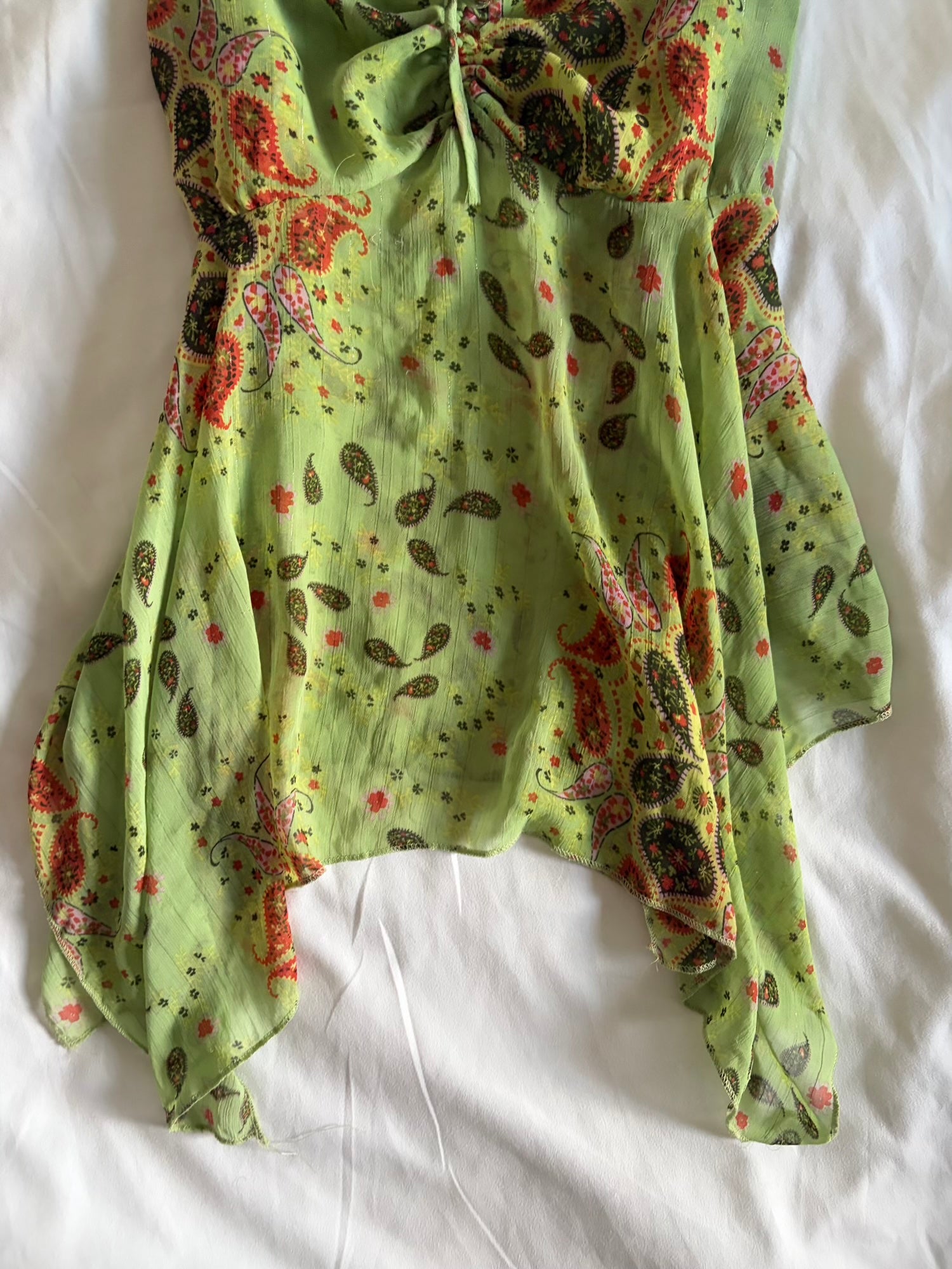 Vintage Y2K green paisley ruched bust cami with handkerchief hem and sparkles