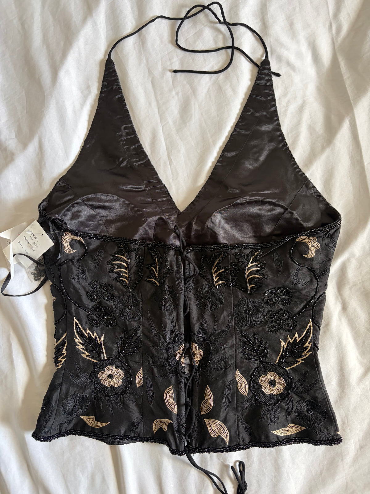 Vintage 2000s Banke B Silk Black Sequin and Beaded Corset Halter, UK 14–16