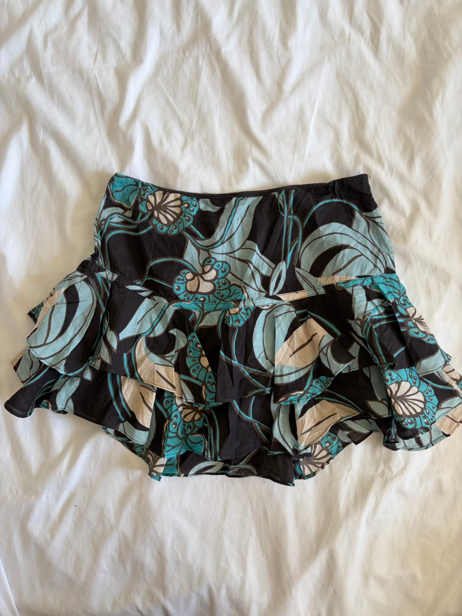 Vintage Y2K brown and turquoise floral rara mini skirt