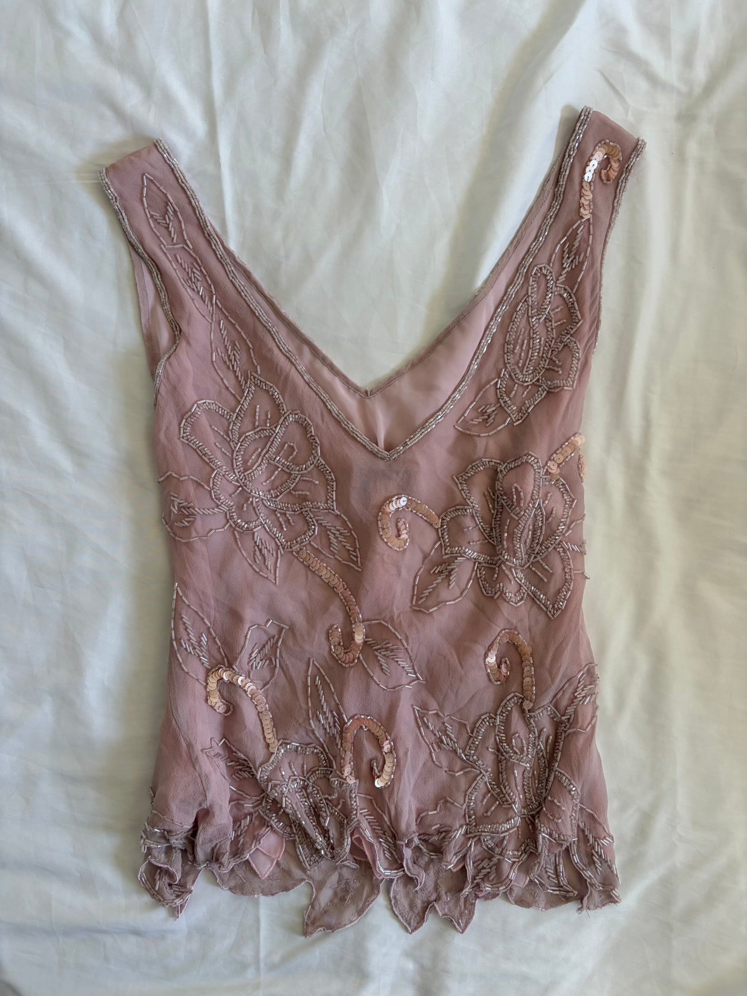 Vintage Y2K Silk Rose Pink Heavily Beaded and Sequin Top