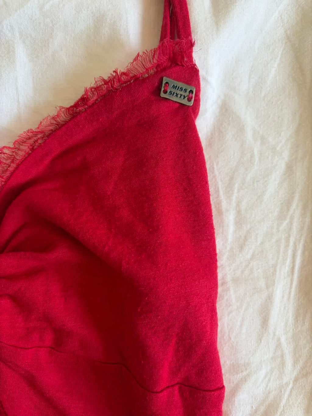 Vintage 1990s Miss Sixty red knot bust cami with contrast panel silver badge