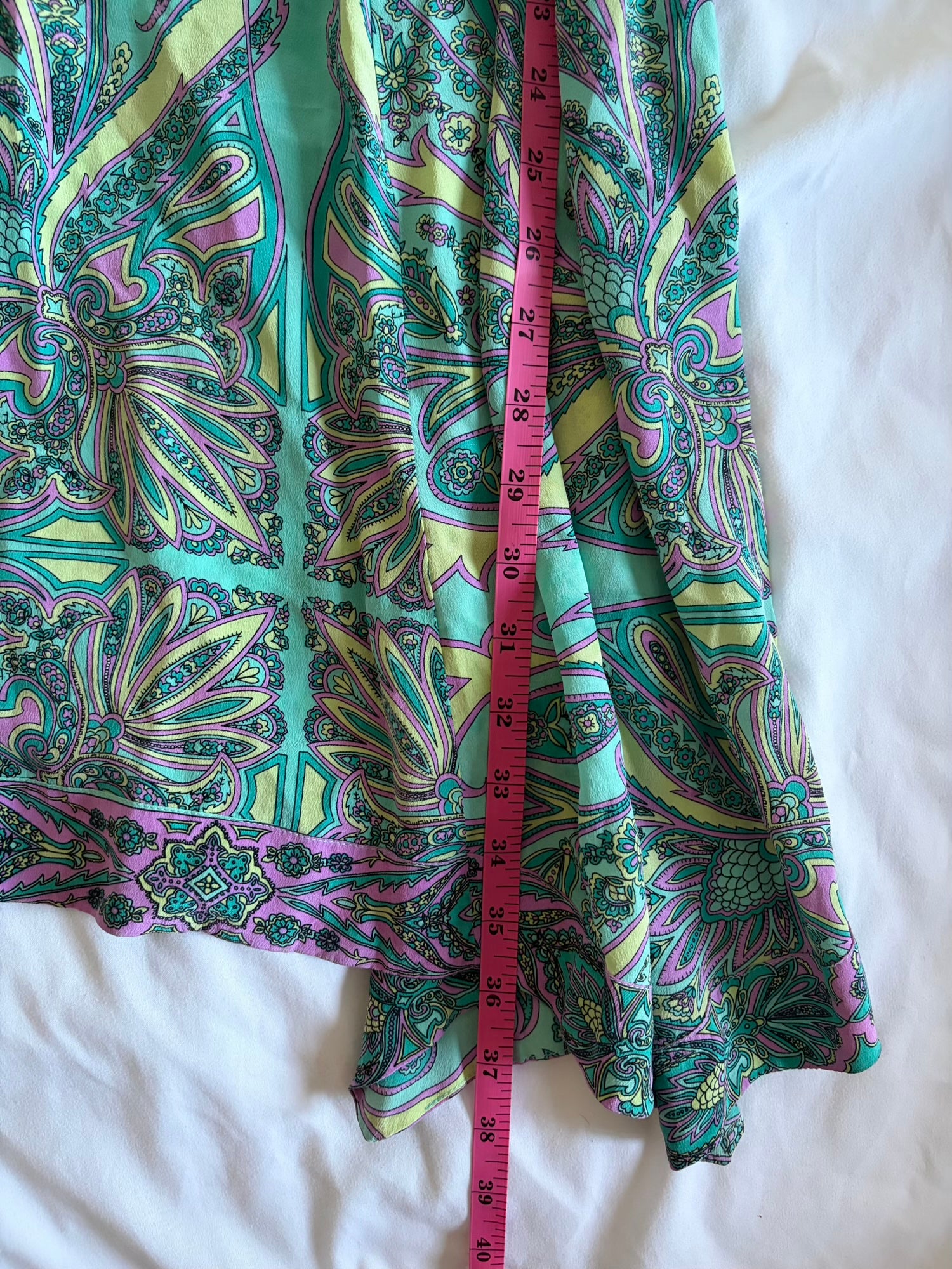 Vintage Y2K paisley silk tie back midi dress with beaded and sequin detail and handkerchief hem