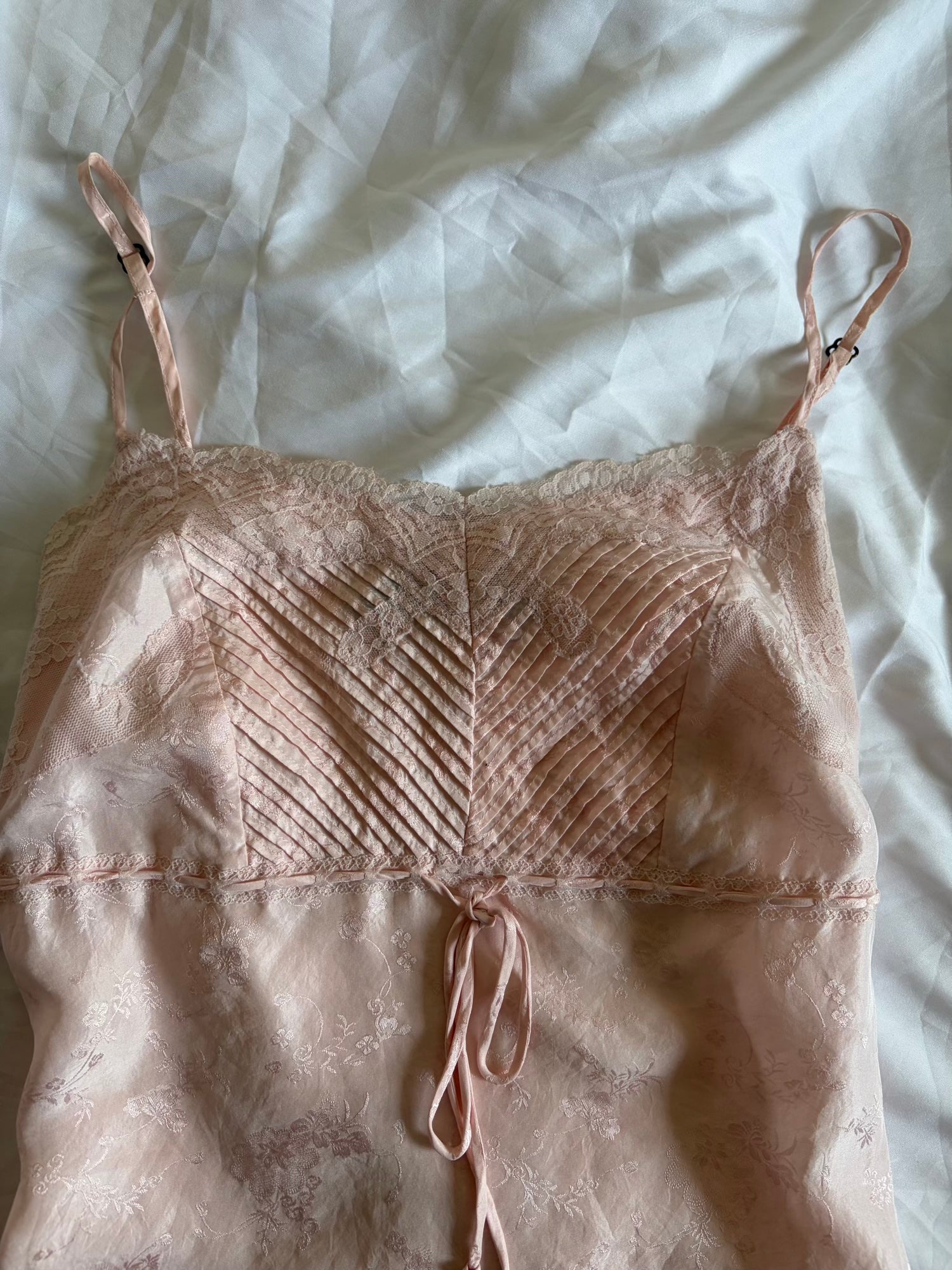 Vintage 1990s Silk Baby Pink Cami with Lace and Ribbon Detail