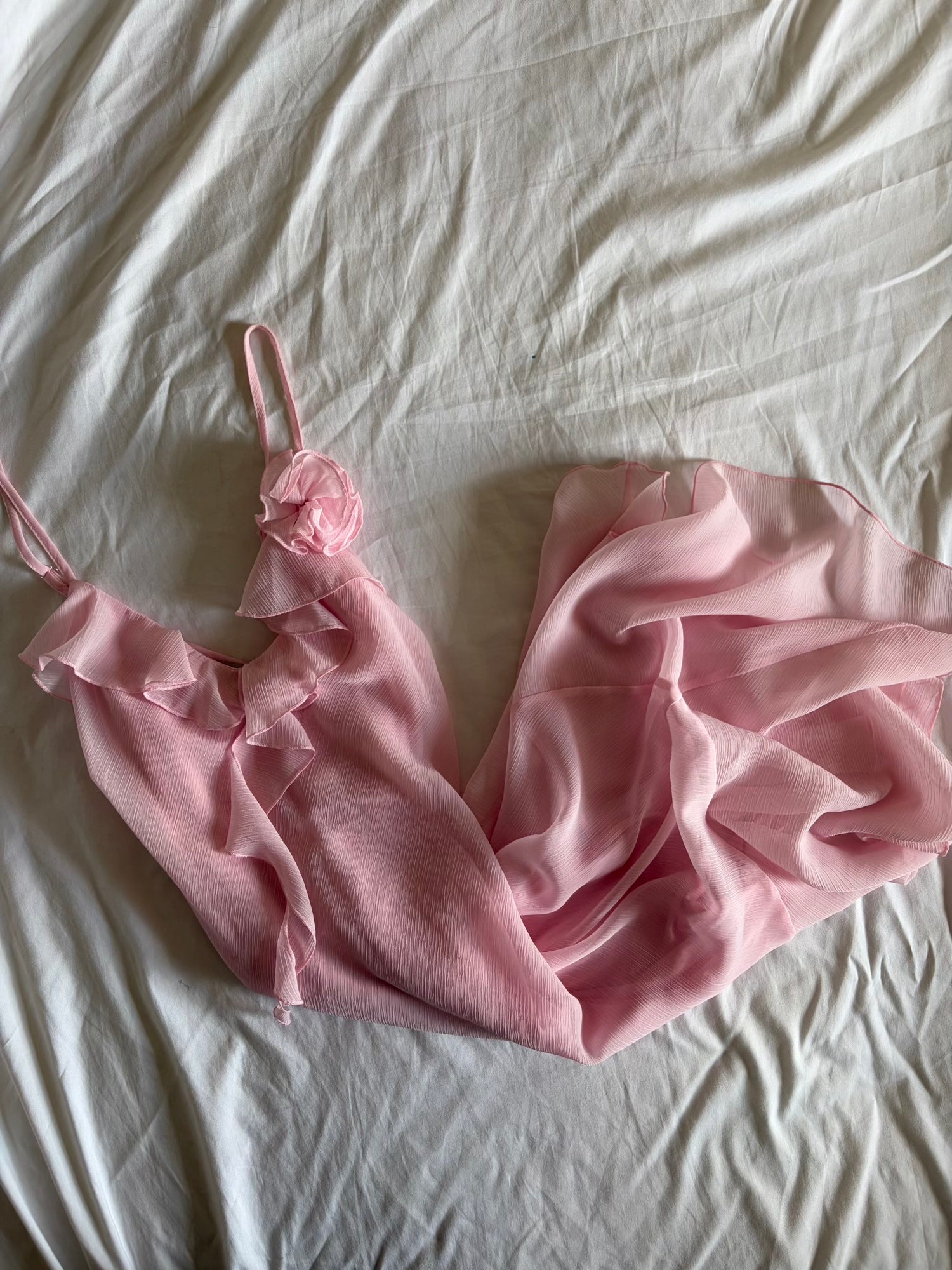 Vintage 1990s Baby Pink Asymmetrical Hem Floaty Fairy Midi Dress with Floral Applique