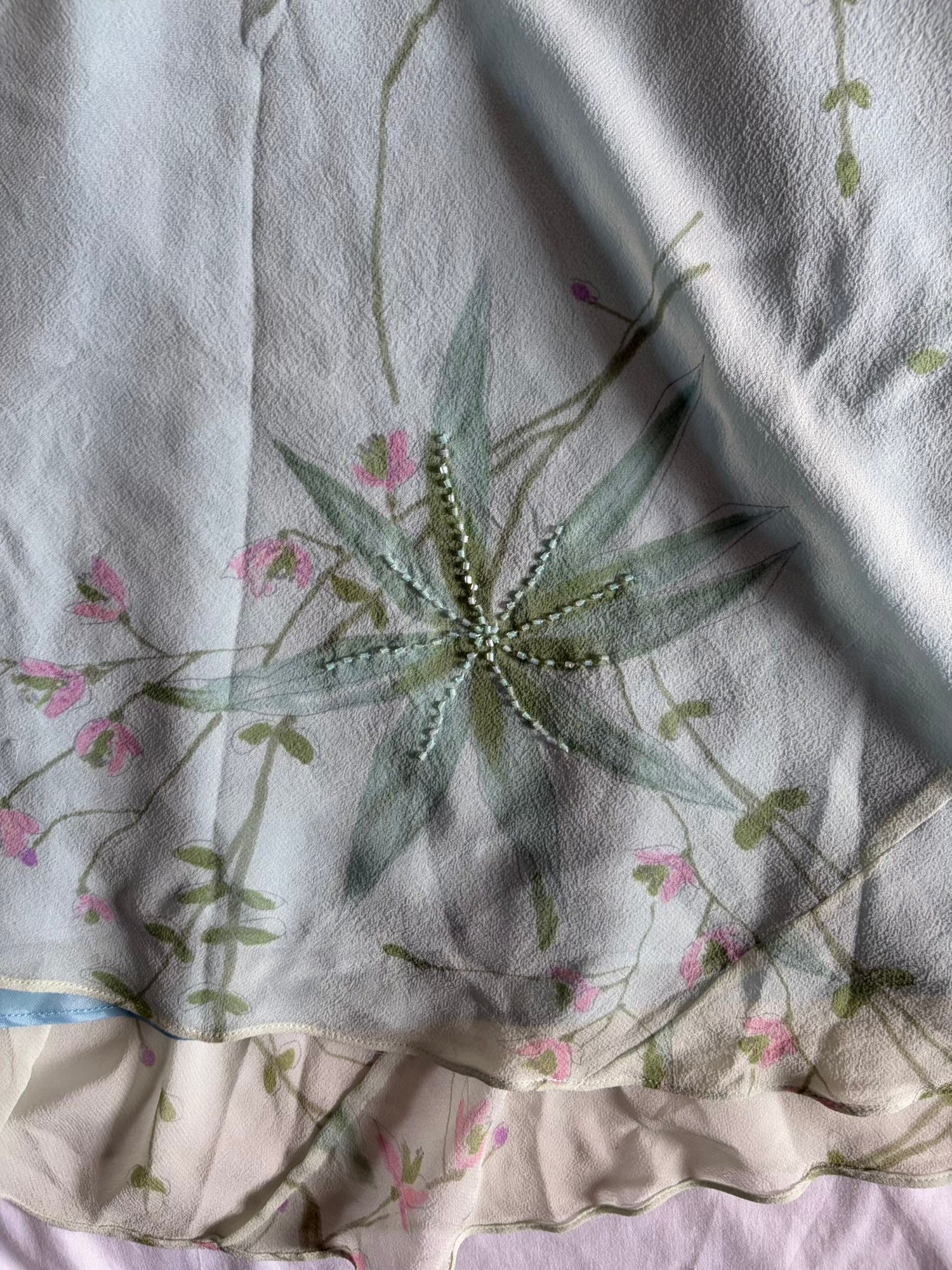 Vintage 1990s Silk Pastel Midi Dress with Florals and Beading