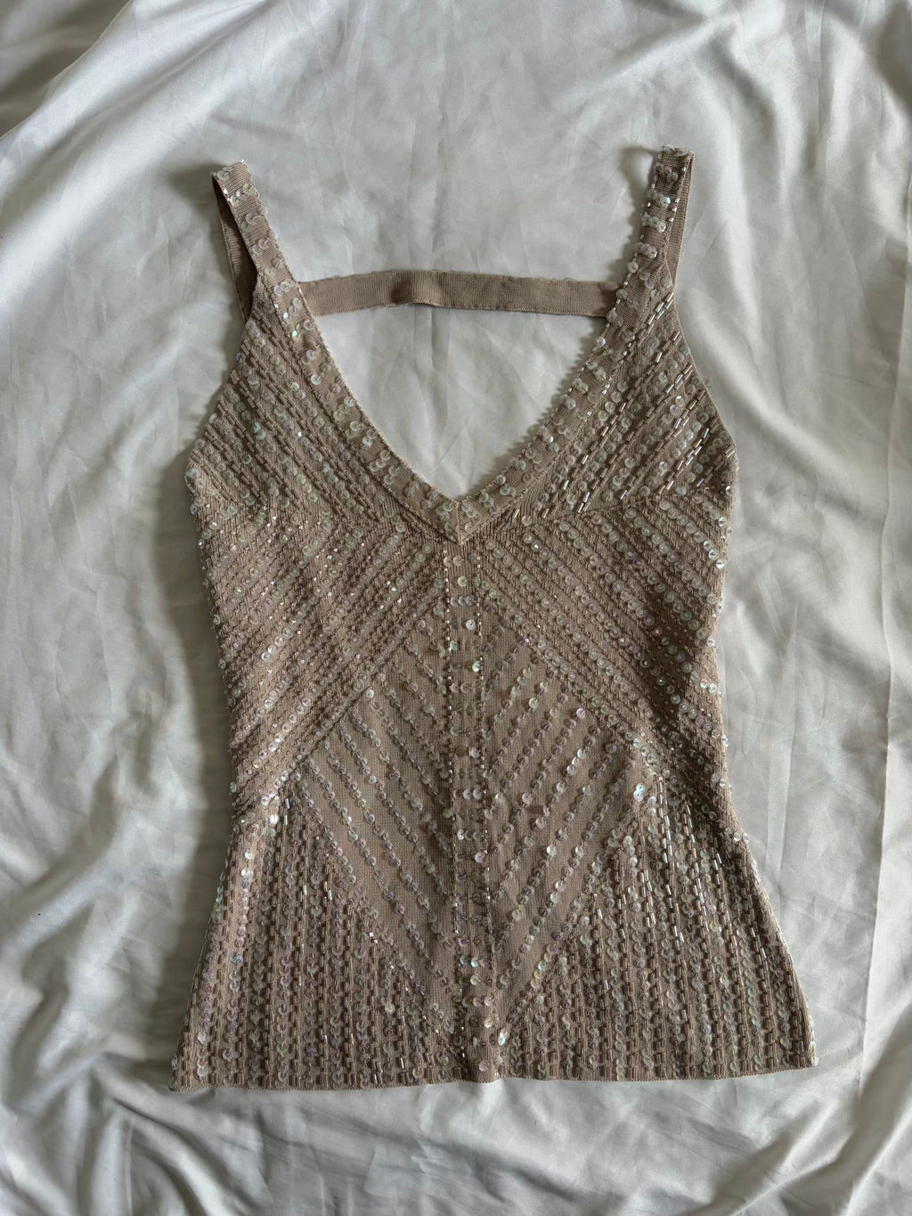 Vintage Y2K Knit Cami with Iridescent Sequins and Beads and Crossback Detail