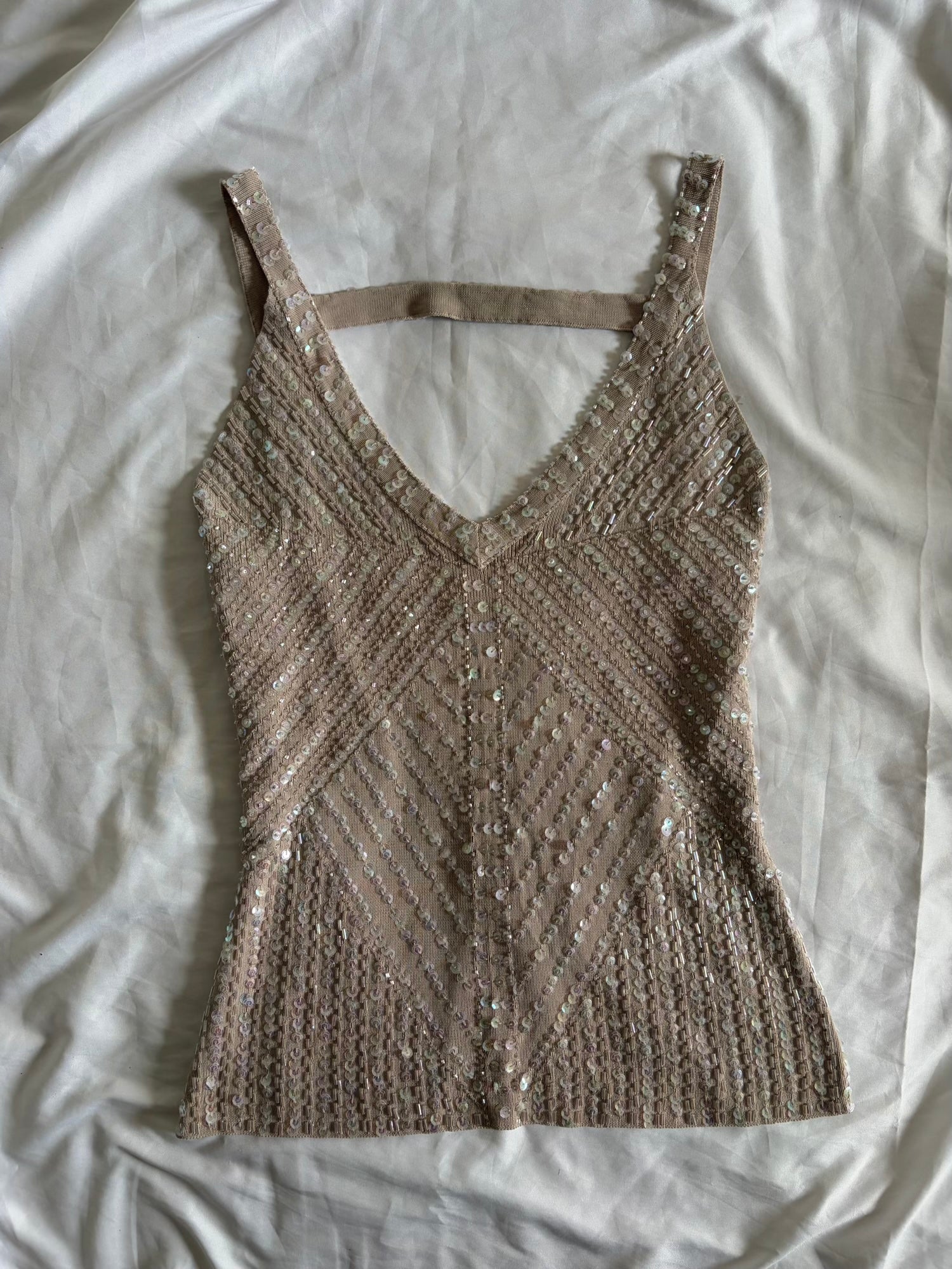 Vintage Y2K Knit Cami with Iridescent Sequins and Beads and Crossback Detail
