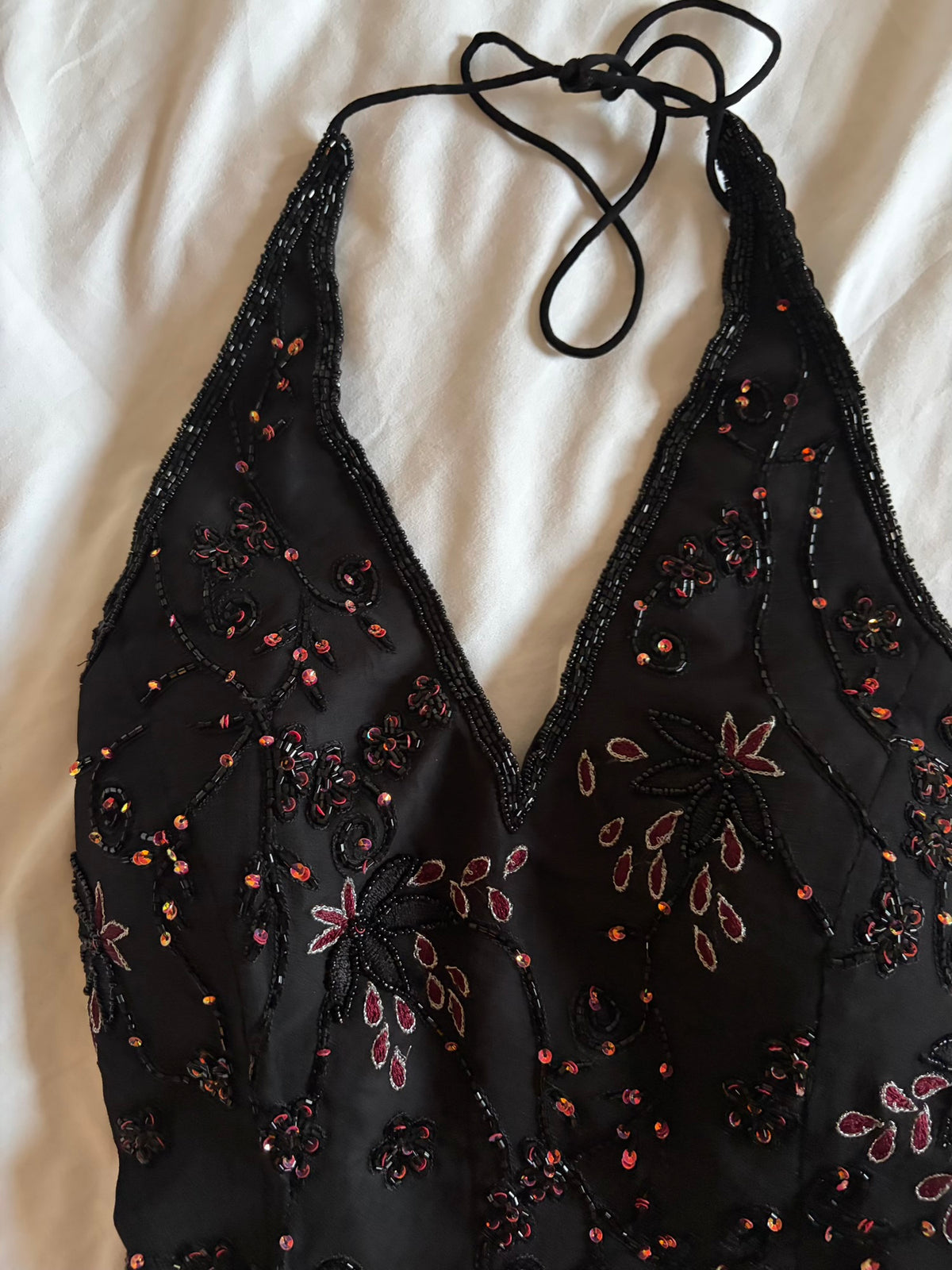 Vintage 2000s Silk Black Sequin and Beaded Corset Halter – Size 12–14