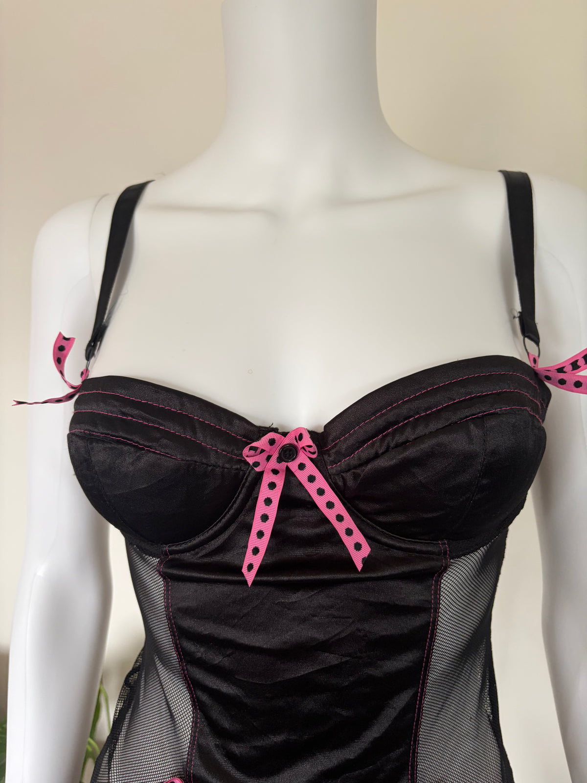 Vintage 2000s Black Babydoll with Hot Pink Contrast and Polka Dot Bows