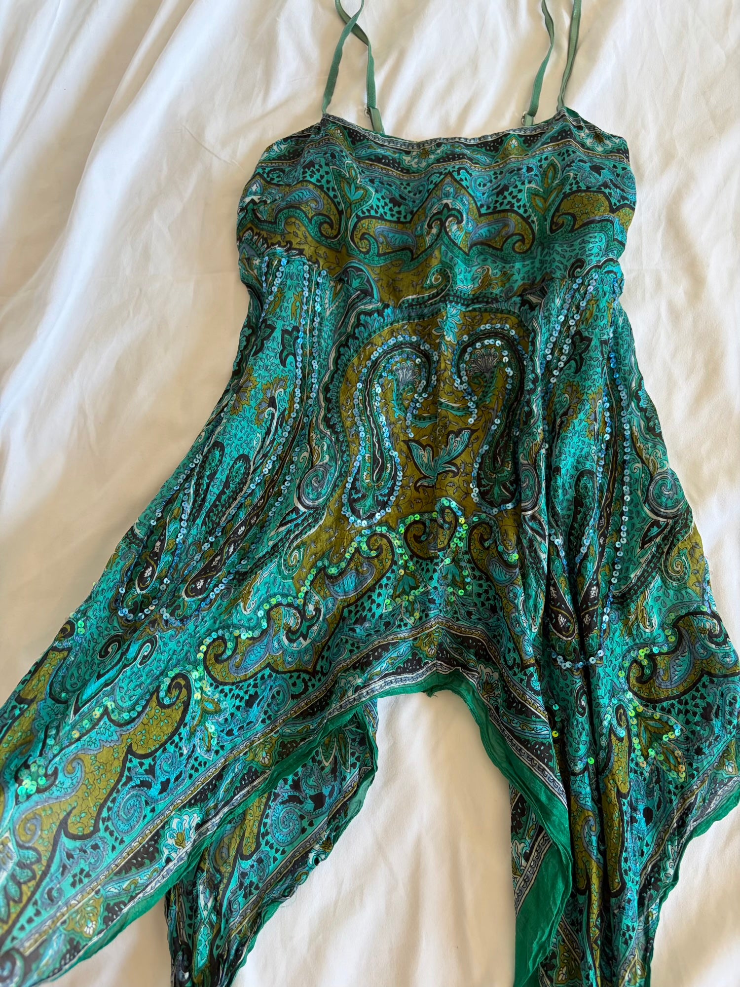Vintage Y2K green silk paisley handkerchief hem bandeau forest fairy cami with iridescent sequins