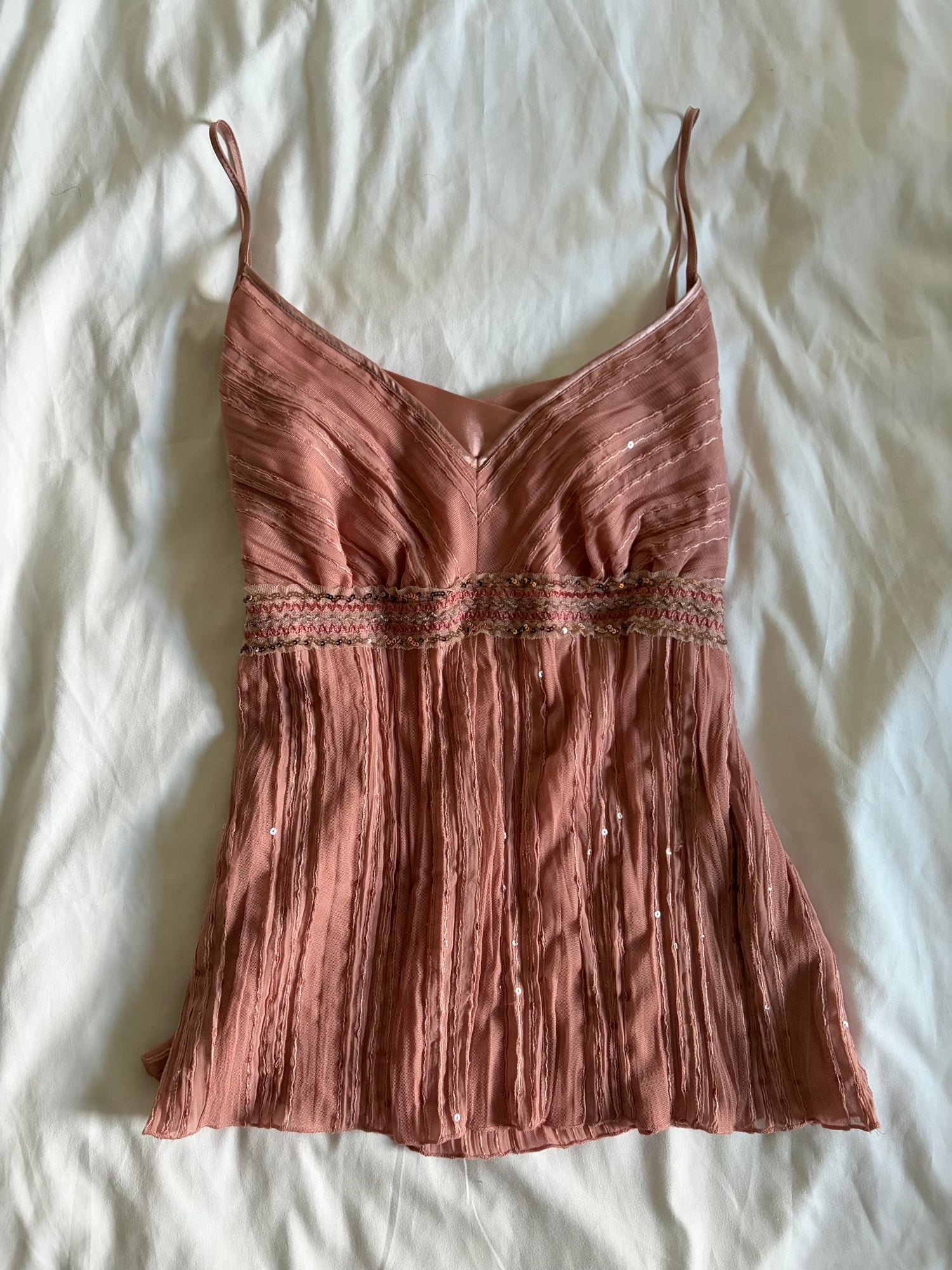 Vintage Y2K dusty pink cami with underbust sequin detail and sequins all over