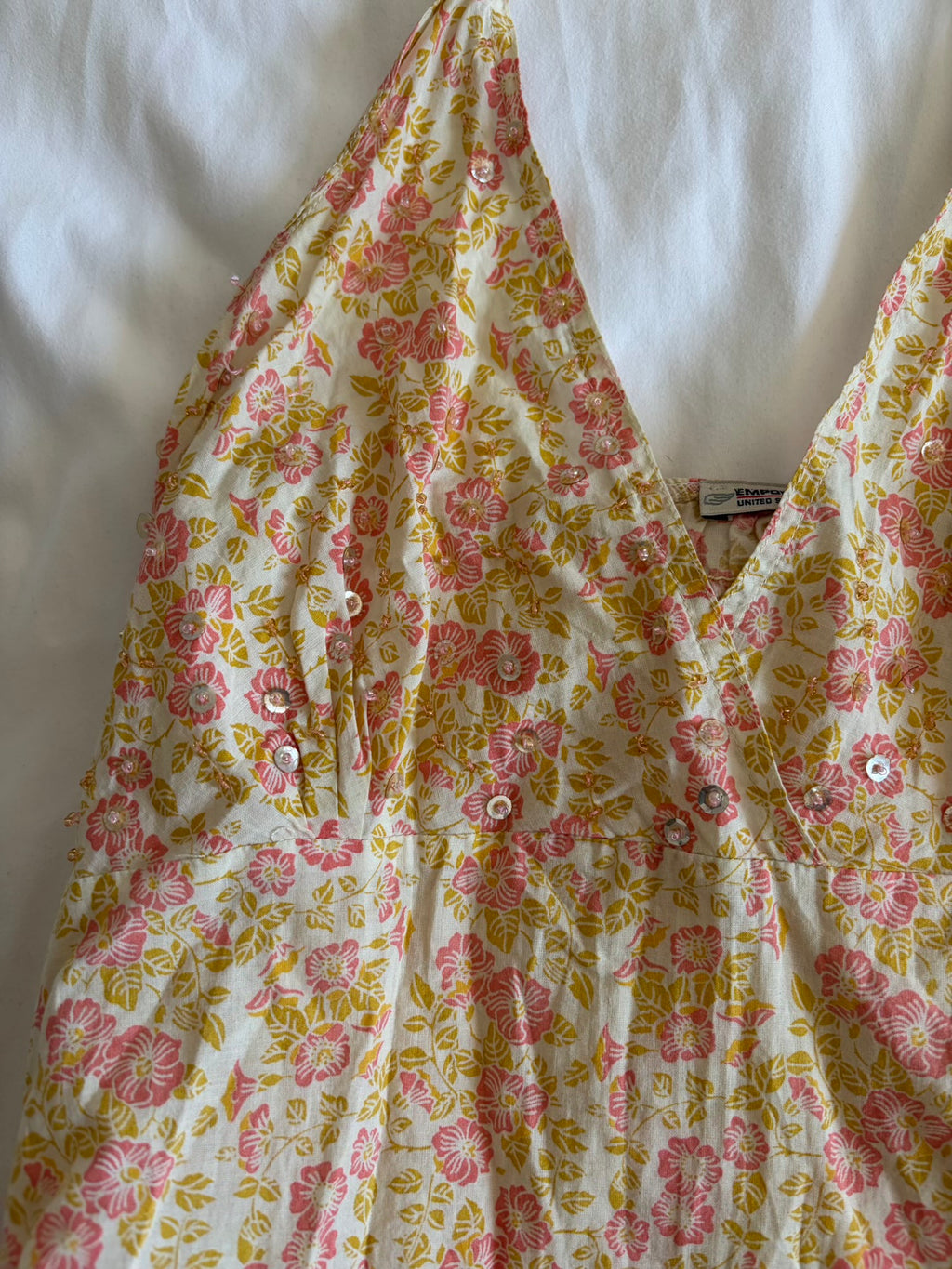 Vintage Y2K floral cotton halterneck with sequin and beads on the bust and split sides