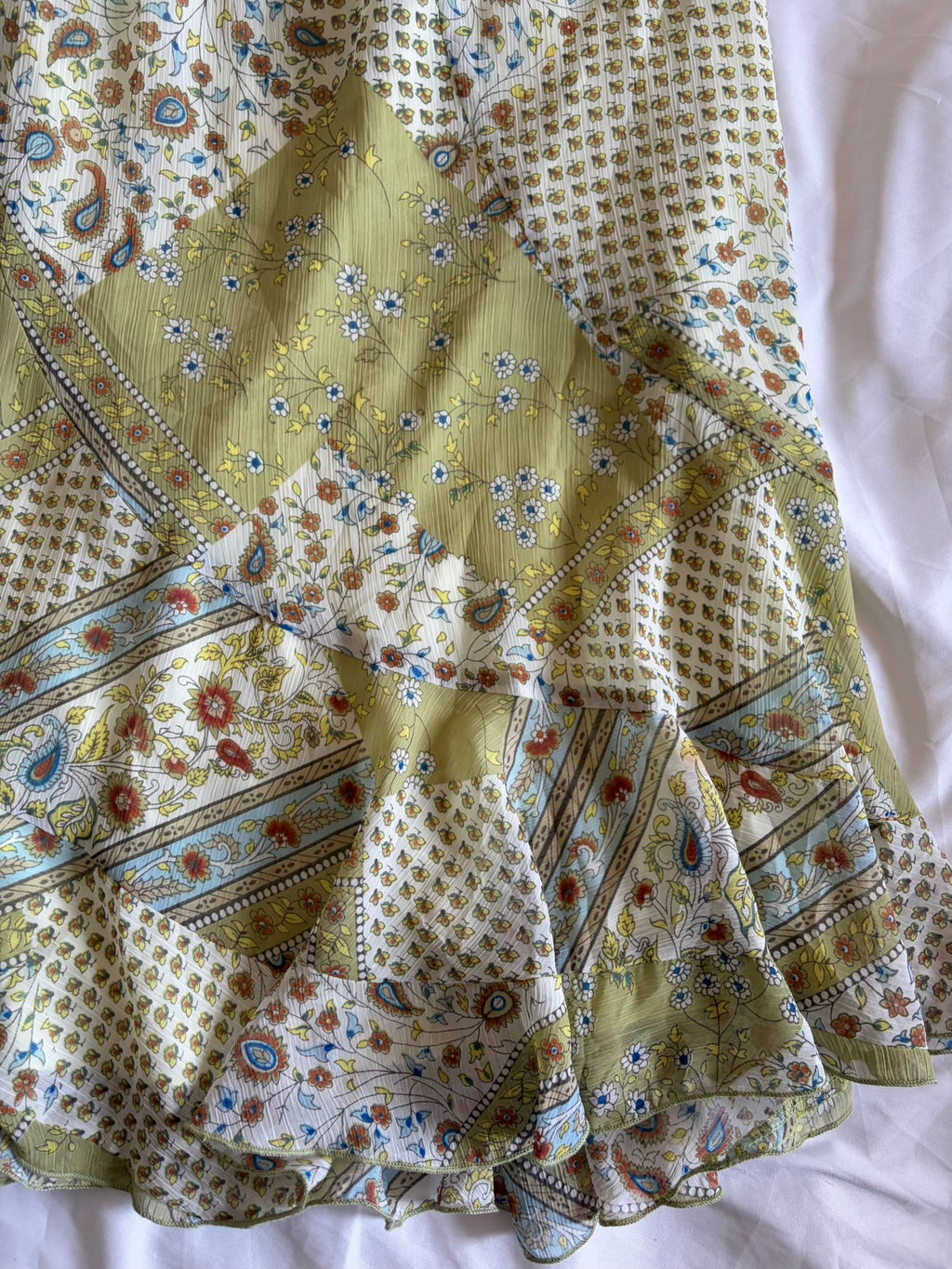 Vintage 1990s Green Floral and Paisley Midi Skirt with Floaty Hem