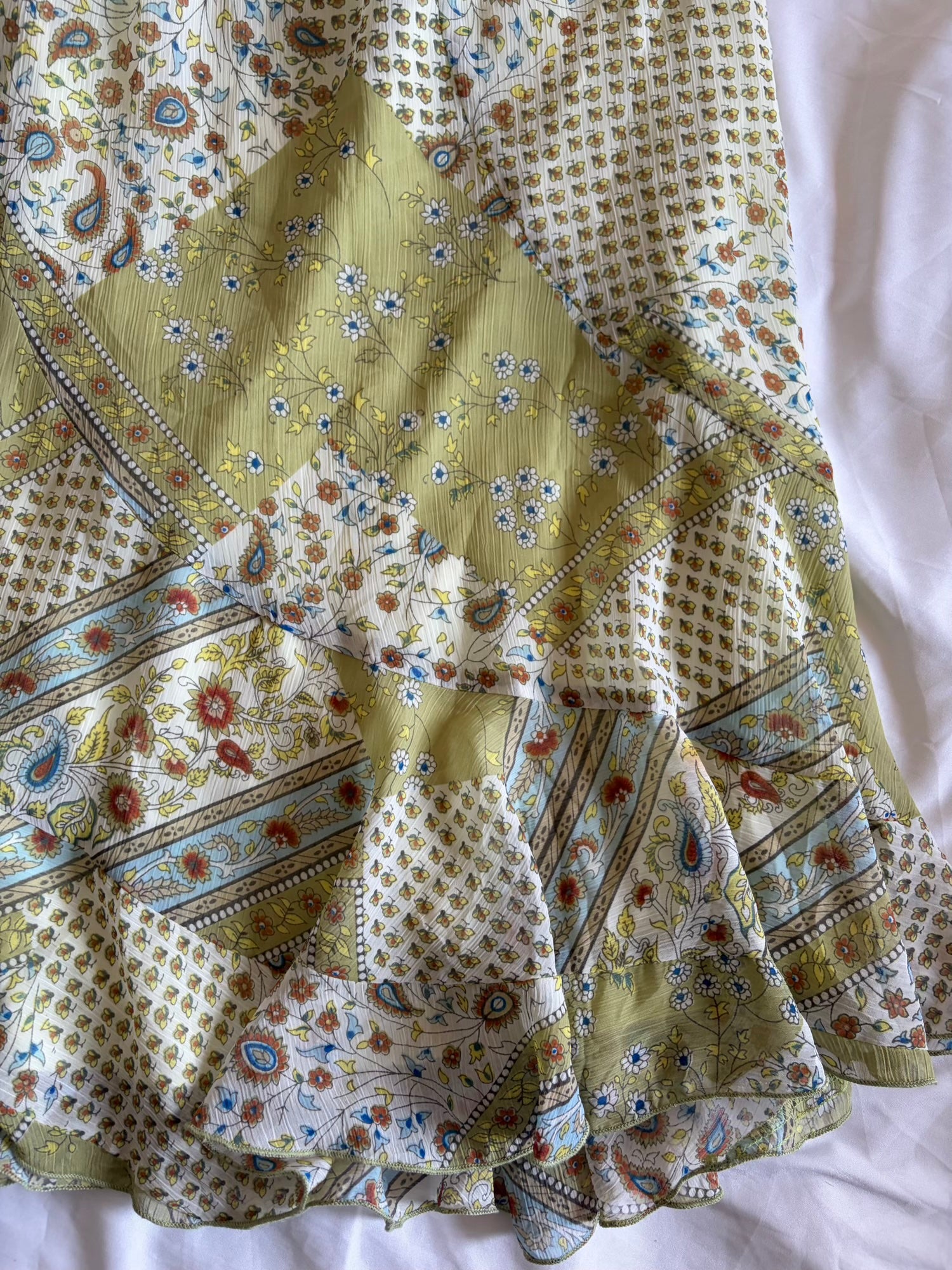 Vintage 1990s Green Floral and Paisley Midi Skirt with Floaty Hem