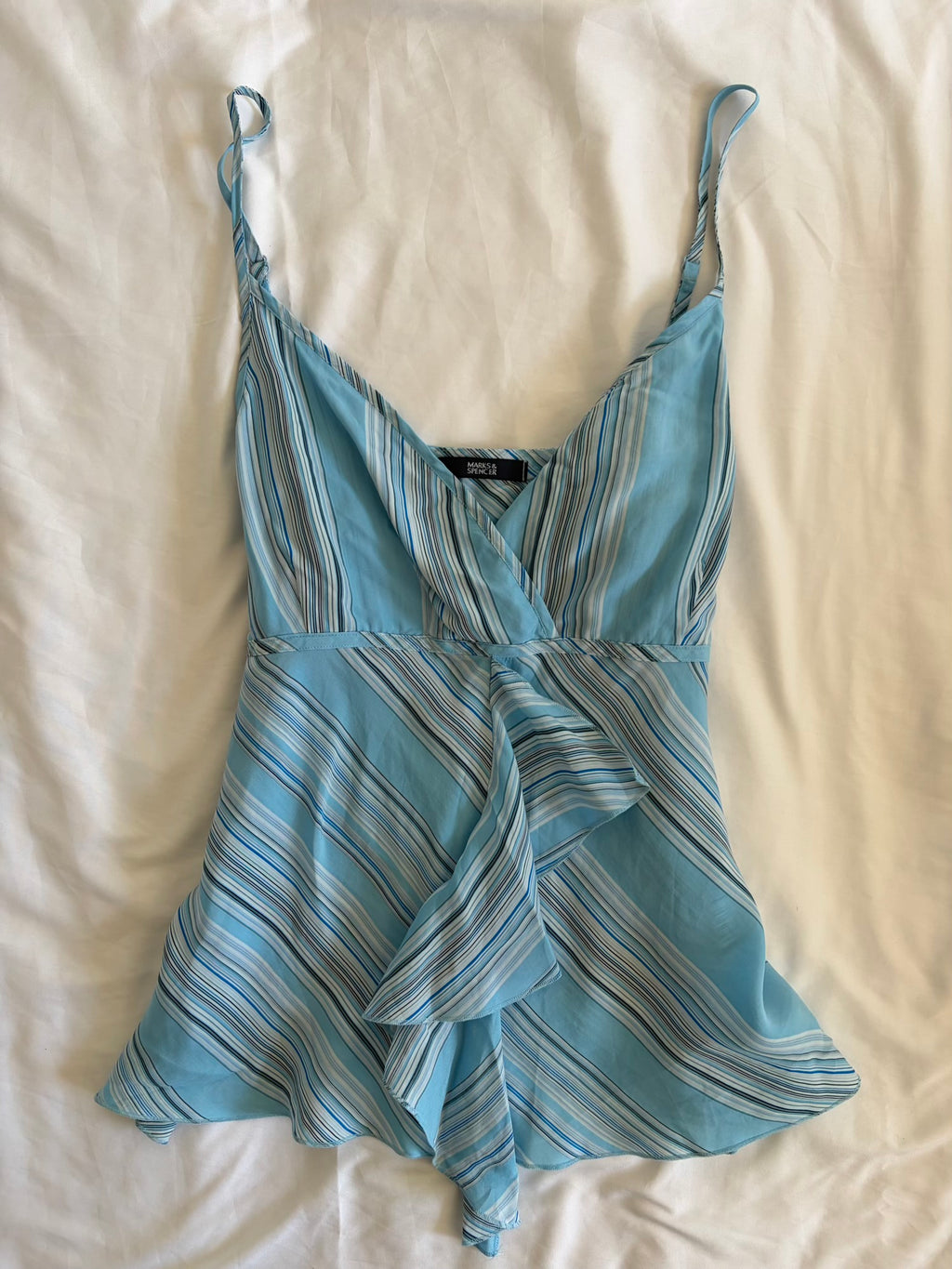 Vintage 1990s Blue Pinstripe Cami with Ruffle Detail