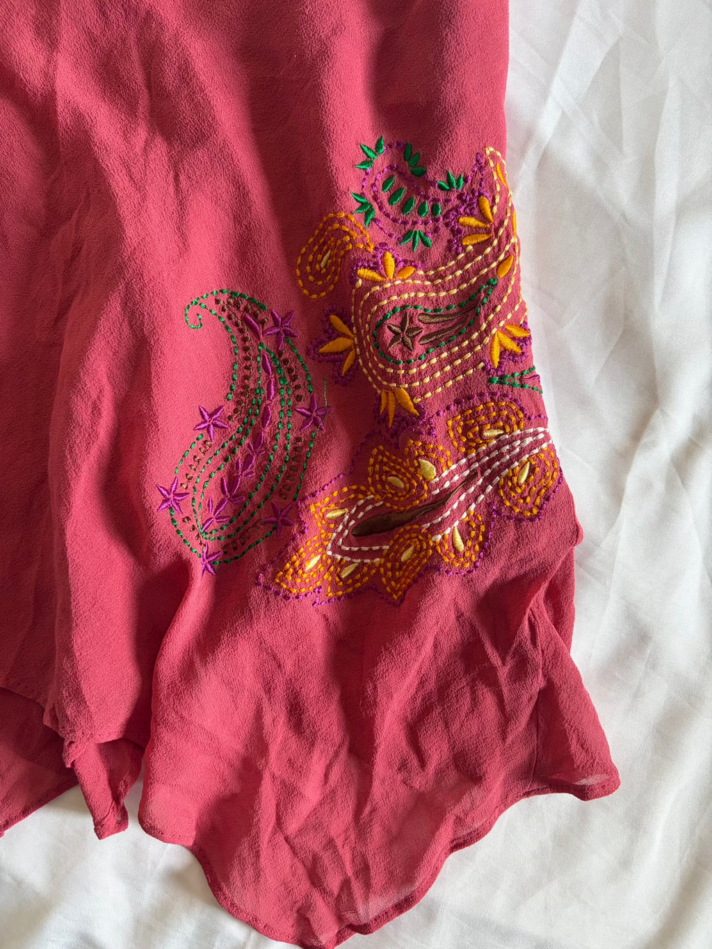 Vintage 1990s Silk Raspberry Asymmetrical Hem Forest Fairy Cami with Embroidery
