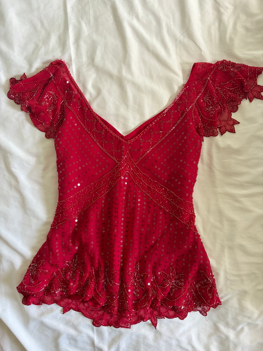 Vintage Y2K Silk Red Sequin and Beaded Cap Sleeve Top