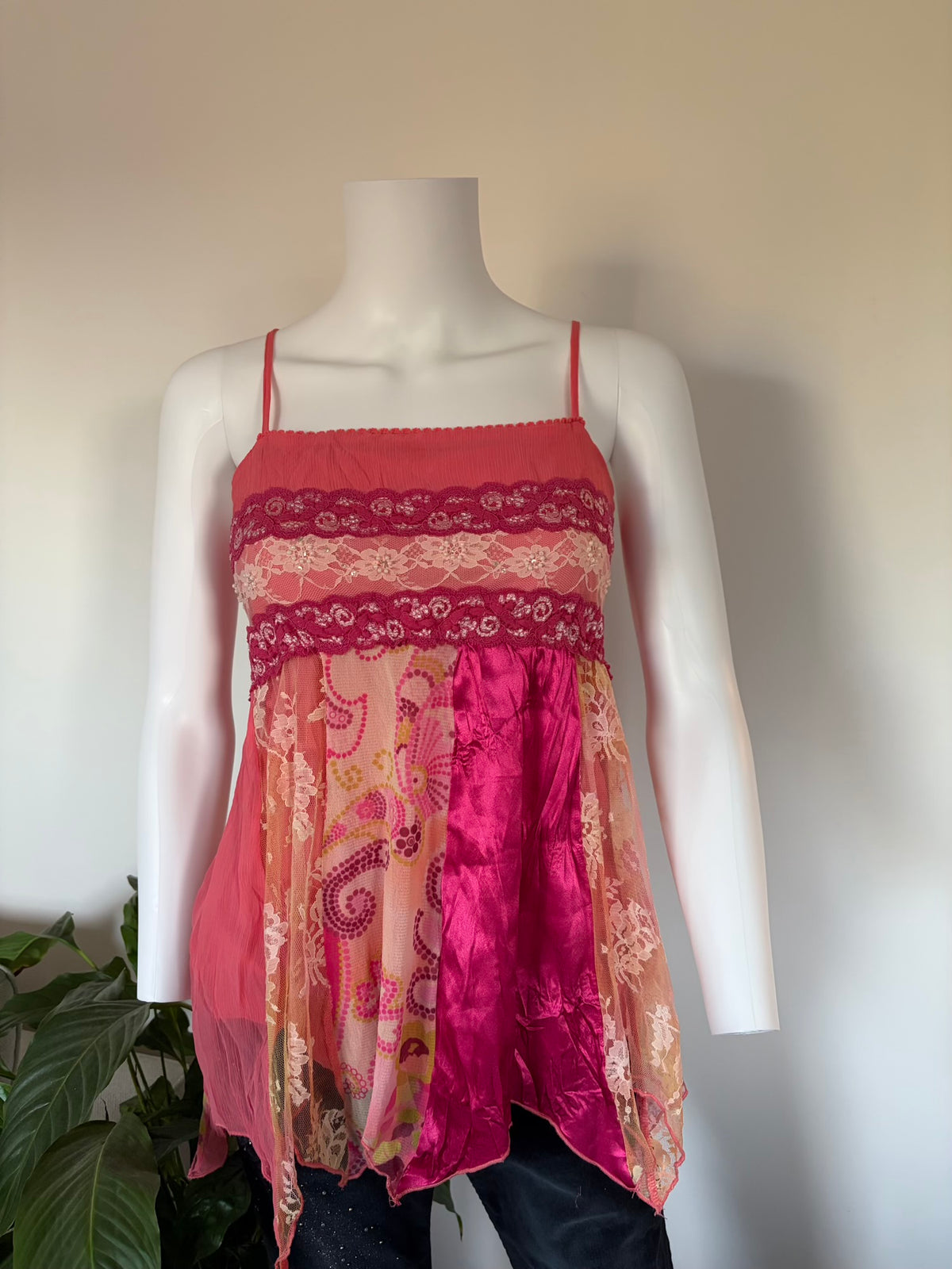 Vintage 2000s Pink Patchwork Cami with Handkerchief Hem