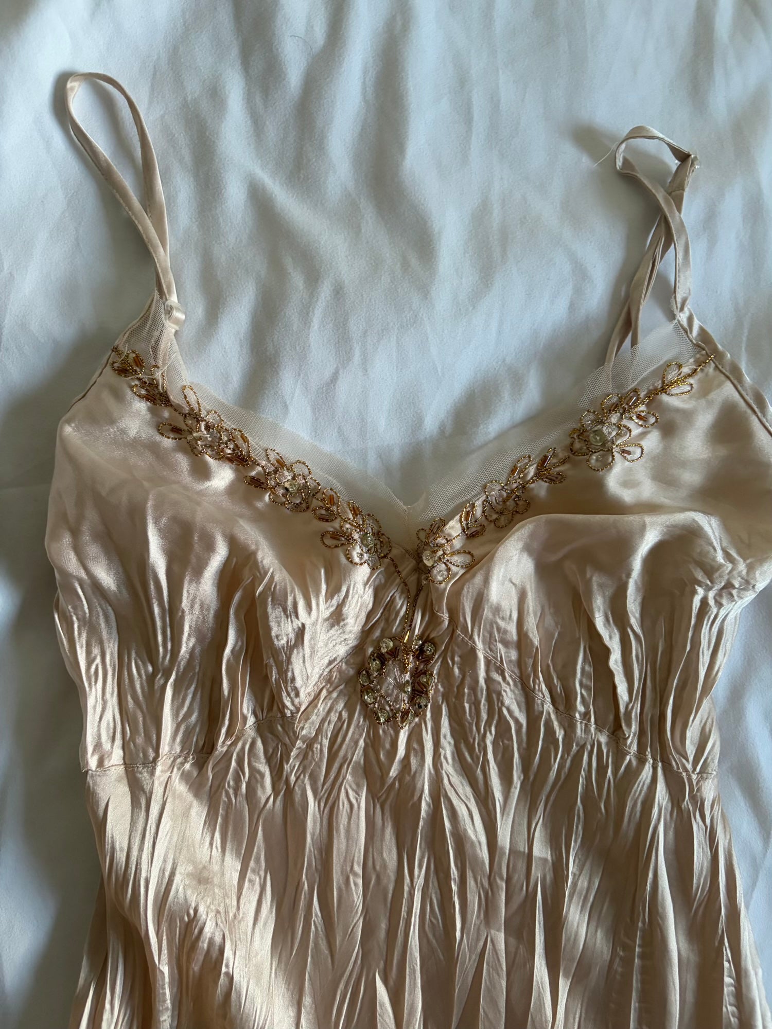 Vintage Y2K blush ruffle hem cami with bronze beaded detail and sequins