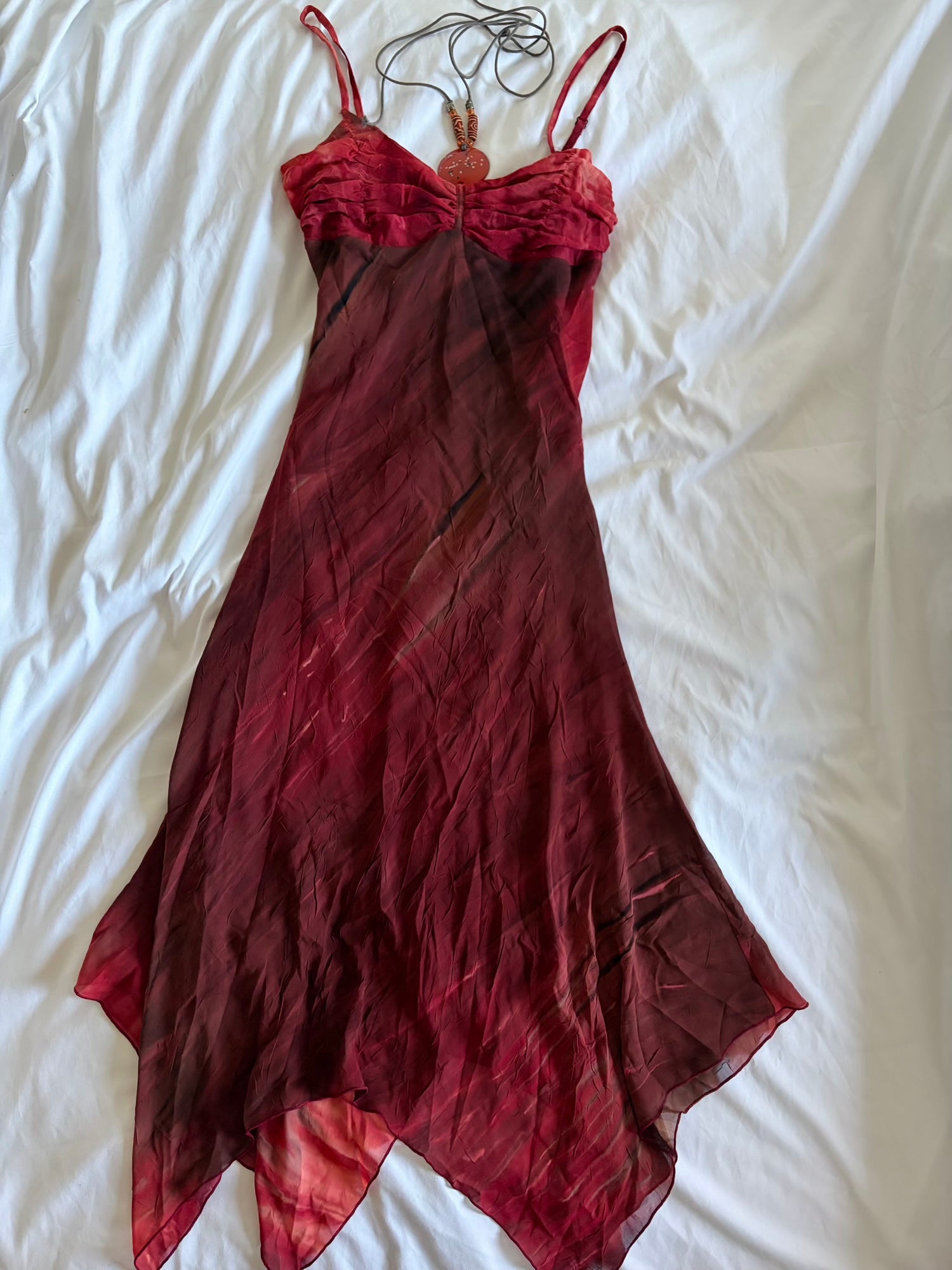 Vintage Y2K handkerchief hem brown and red tie dye ruched bust dress with pendant and beaded detail