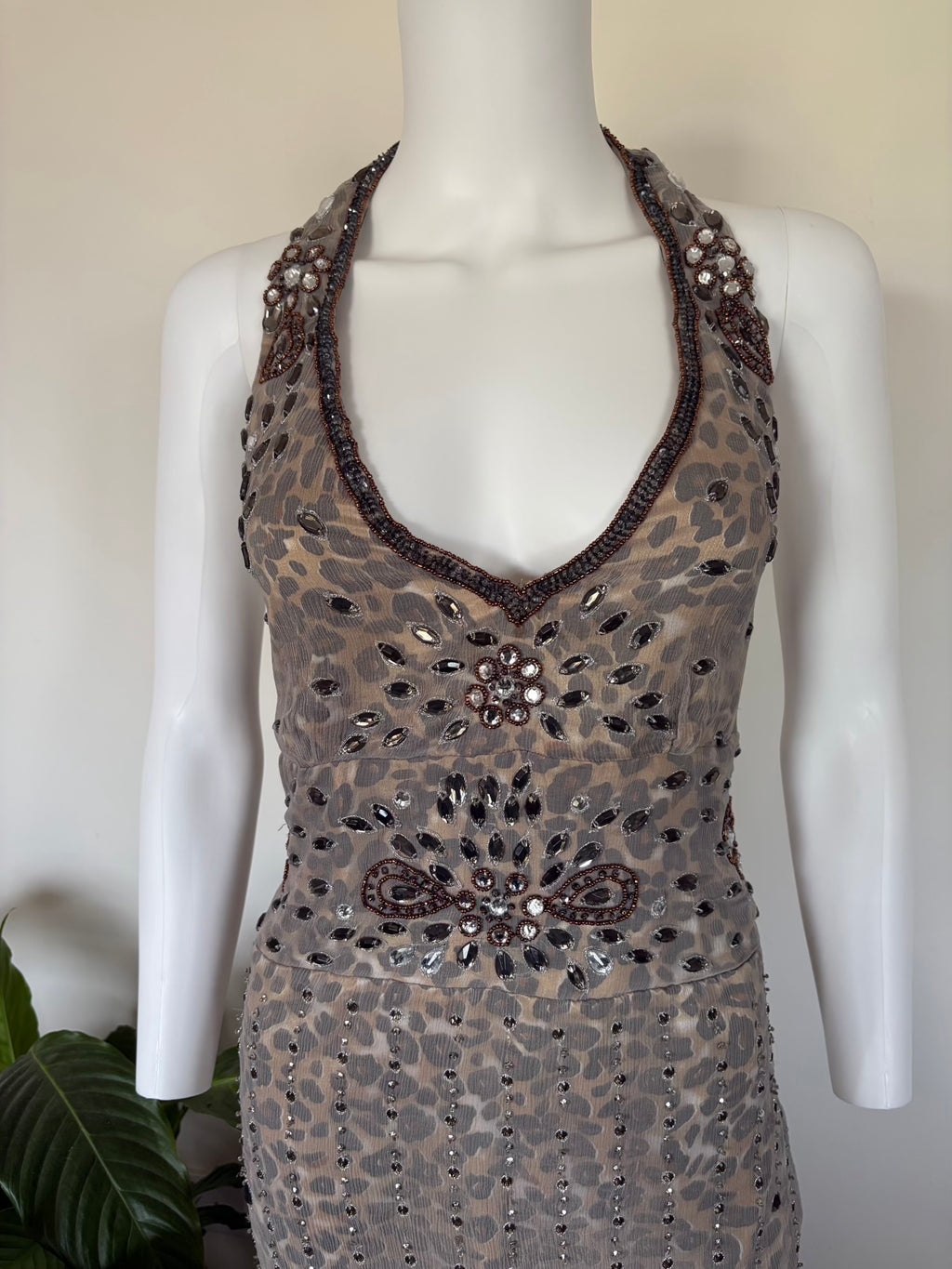 Vintage Aftershock Silk Leopard Bejewelled Halterneck Dress