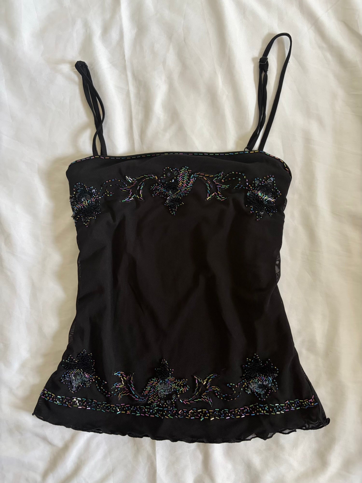 Vintage 1990s Black Mesh Cami with Beaded Detail