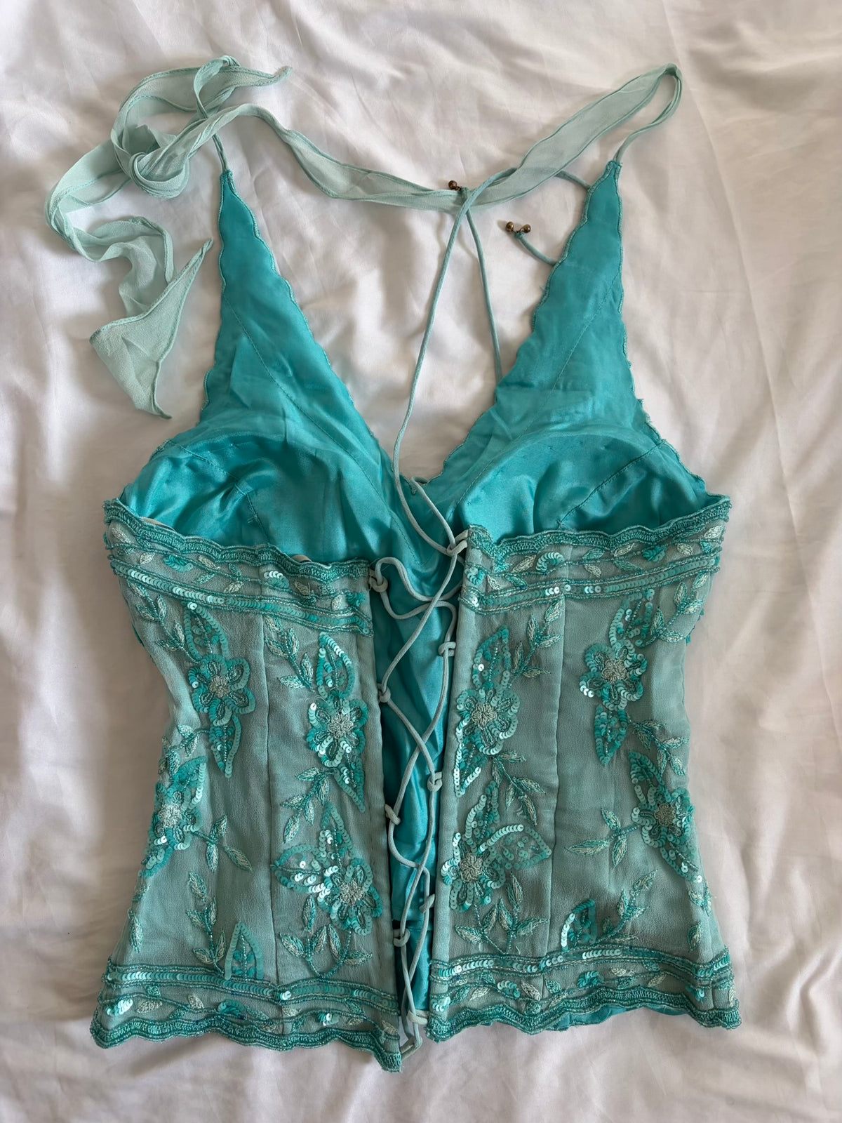 Vintage 2000s Aftershock Silk Aqua Blue Beaded Corset-Style Halter