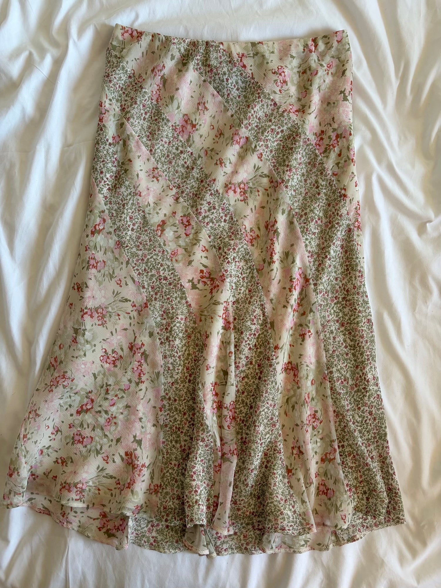 Vintage 1990s pink floral floaty midi skirt with contrast floral stripe detail