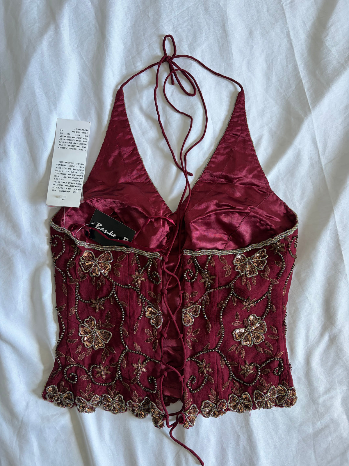 Vintage 2000s Banke B Silk Burgundy Bronze Sequin and Beaded Corset Halter, UK 8–10