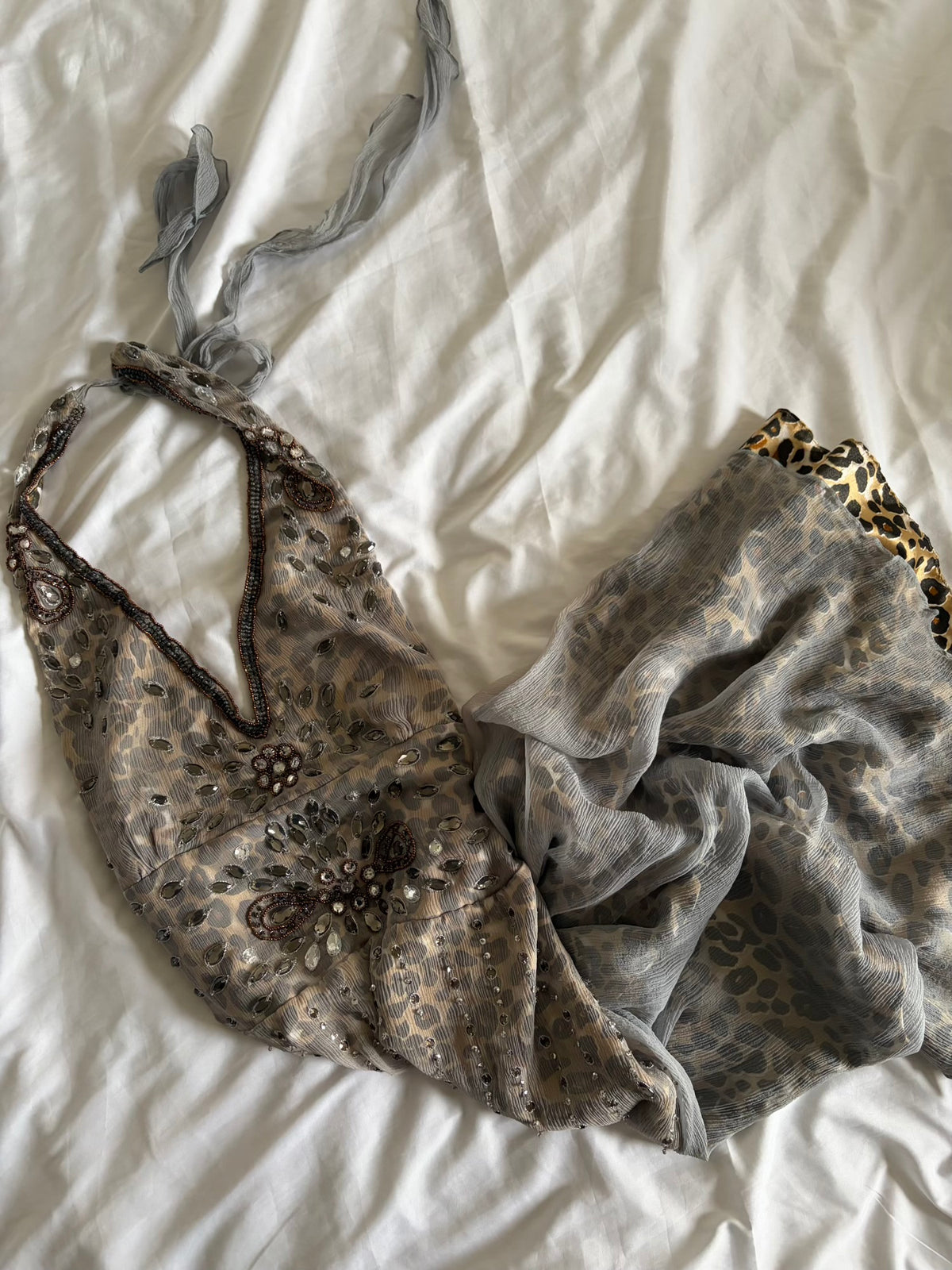 Vintage Aftershock Silk Leopard Bejewelled Halterneck Dress