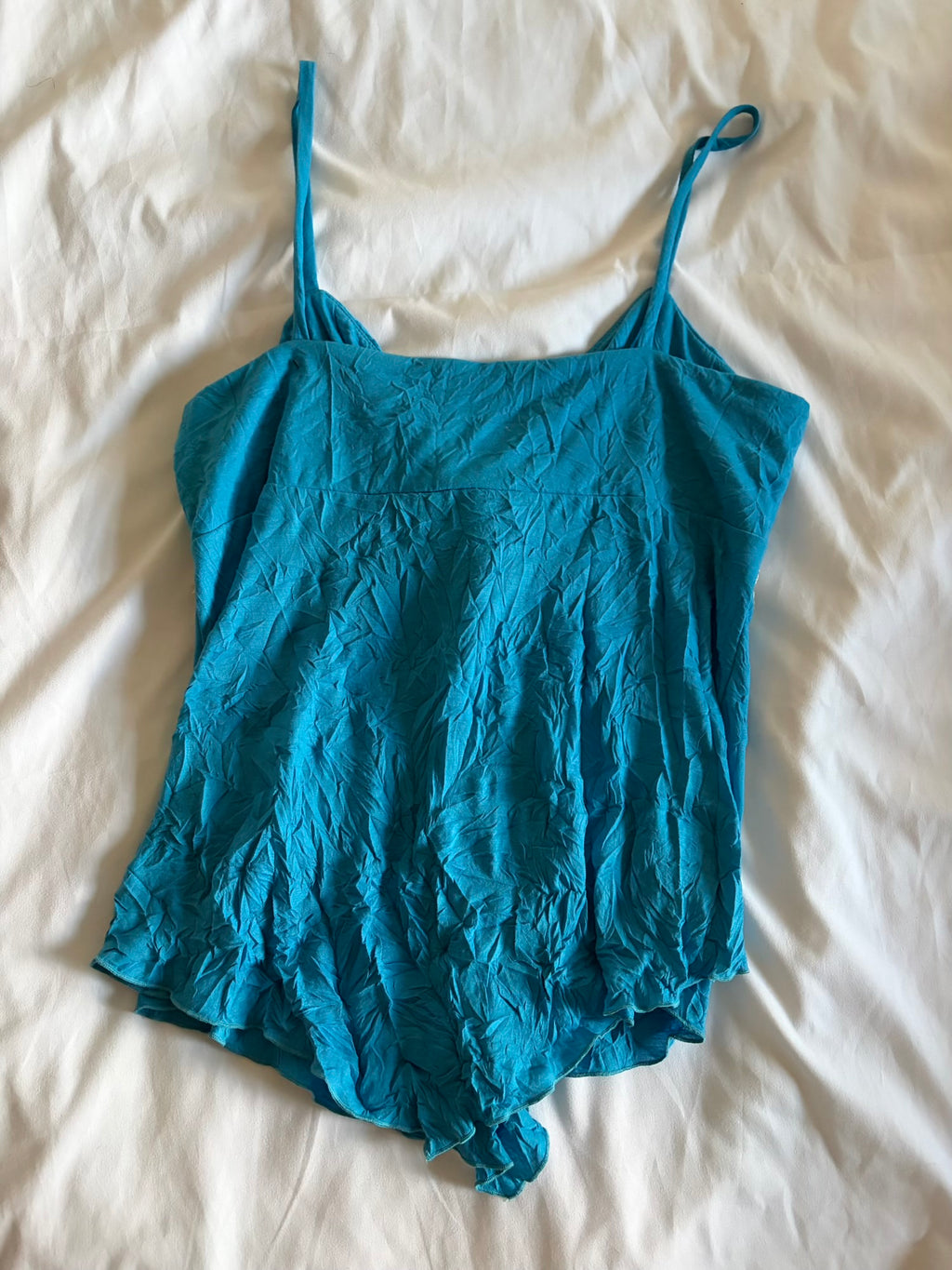 Vintage Y2K crinkle teal cami with underbust beaded detail and asymmetrical hem