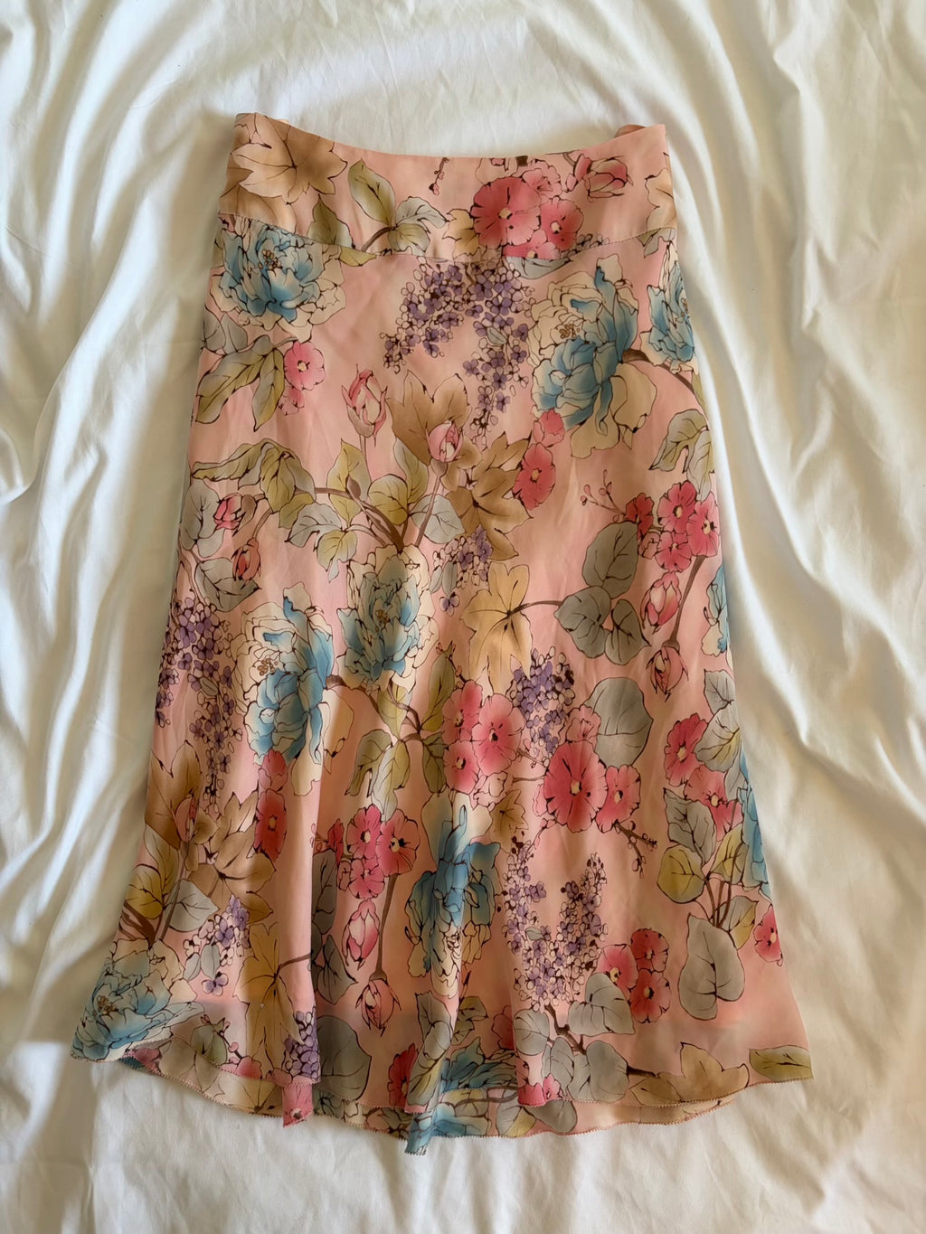 Vintage Y2K pastel silk floral midi skirt with ruffle hem