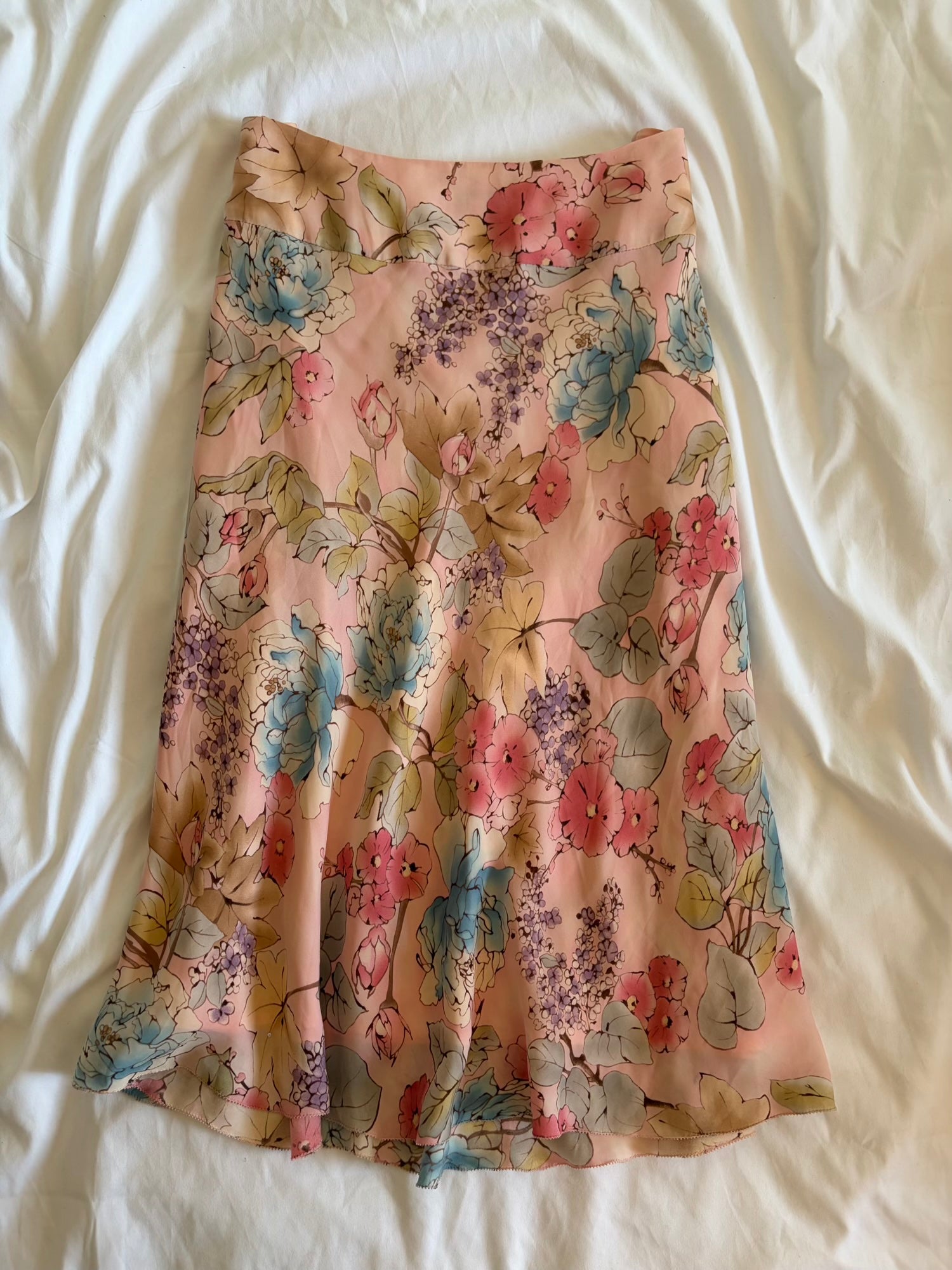 Vintage Y2K pastel silk floral midi skirt with ruffle hem