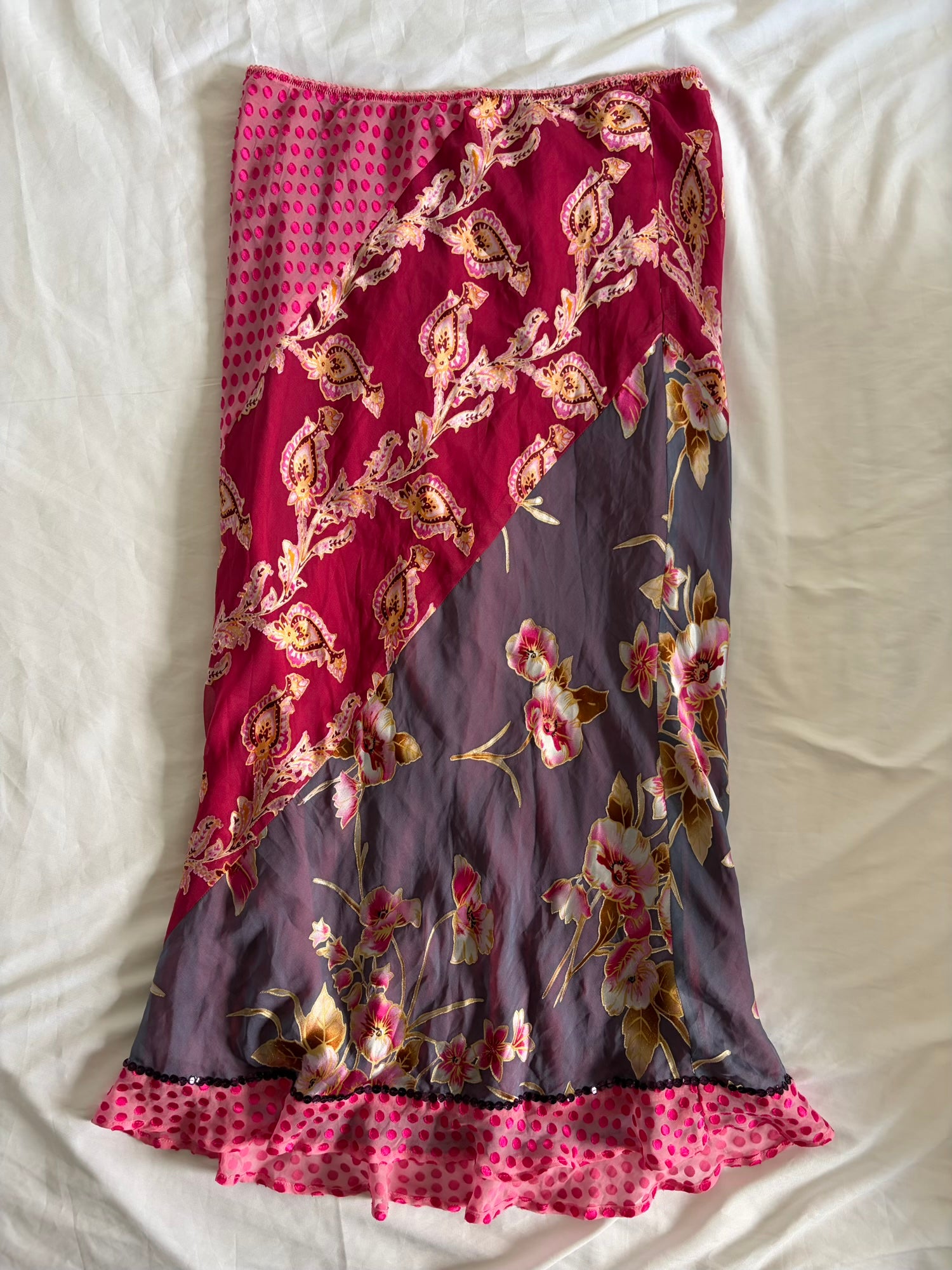 Vintage 1990s Silk Blend Patchwork Paisley Floral Polka Dot Midi Skirt