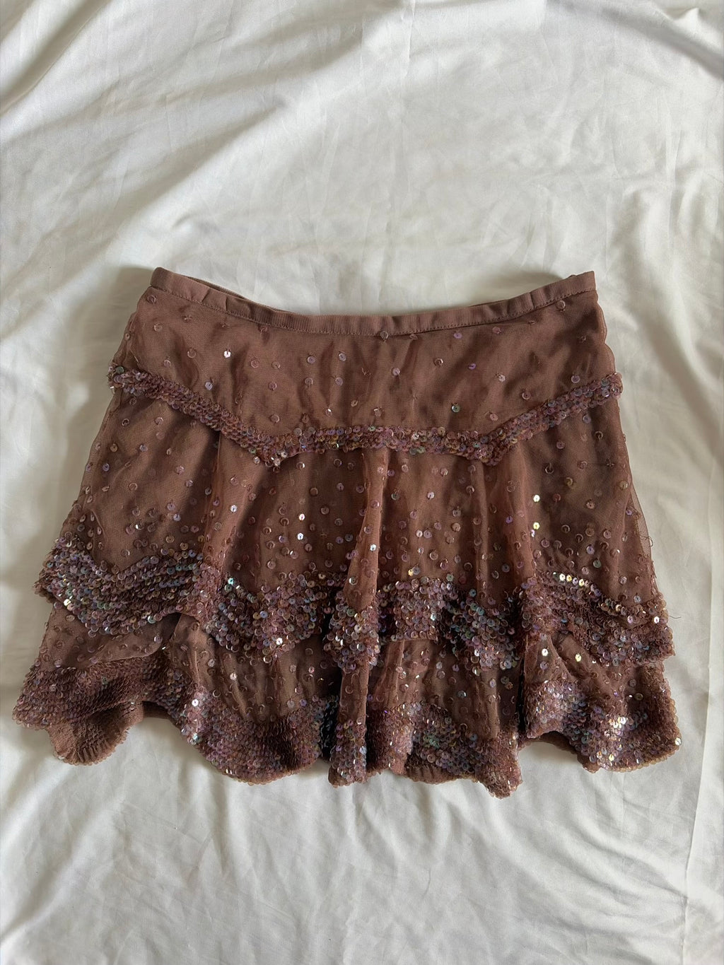 Vintage Y2K Mauve Mesh Ruffle Mini Skirt with Iridescent Sequins