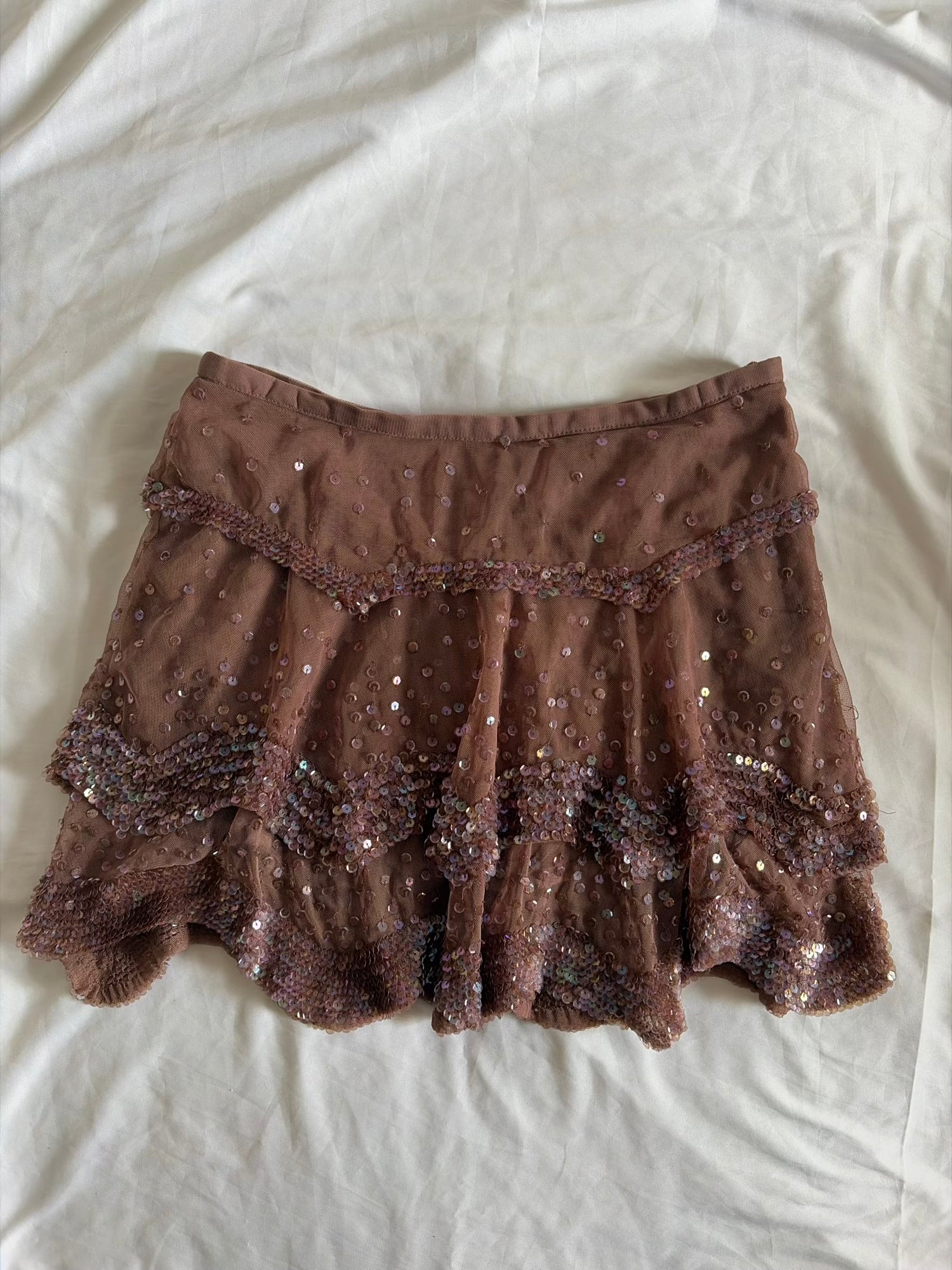 Vintage Y2K Mauve Mesh Ruffle Mini Skirt with Iridescent Sequins