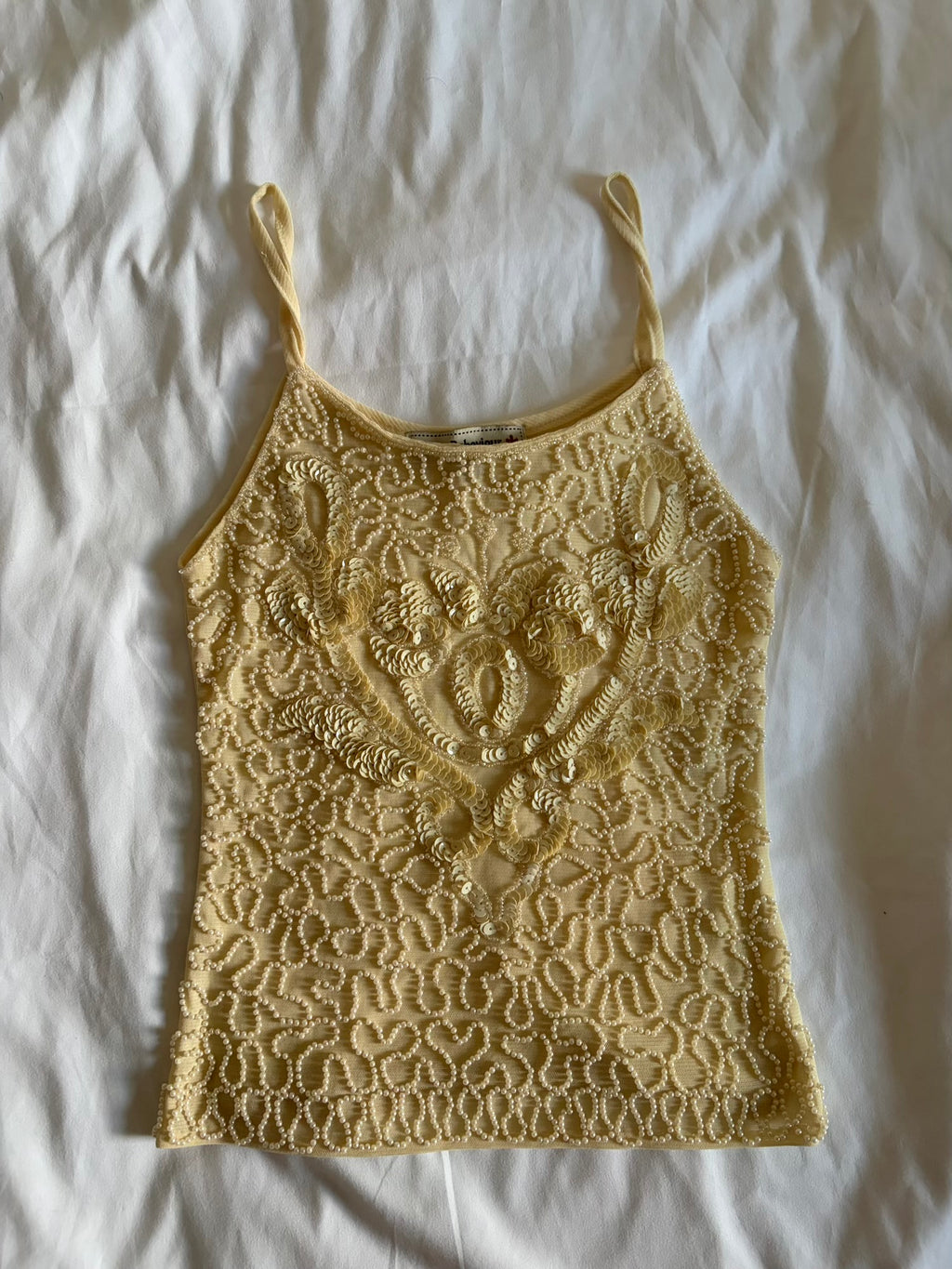 Vintage Y2K cream micromesh cami heavily beaded and sequin