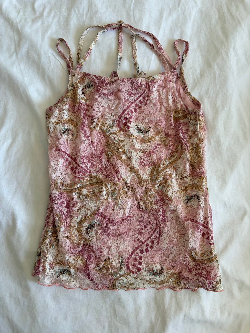 Vintage Y2K Japanese pink and brown lace coquette cami with double racer strap detail